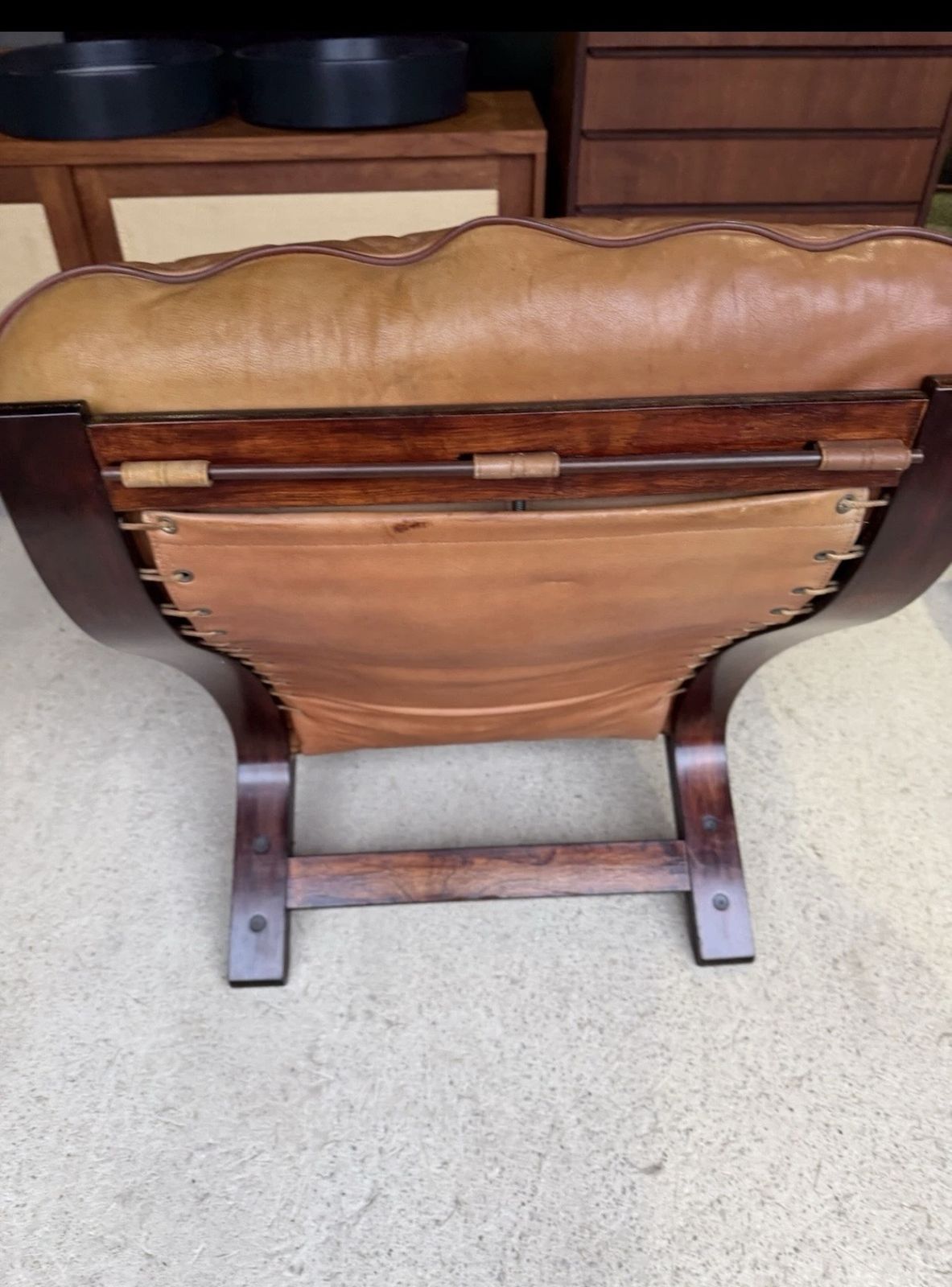 photo furniture Mid Century Norwegian Tan Leather Lounge Chair By Oddvin Rykken