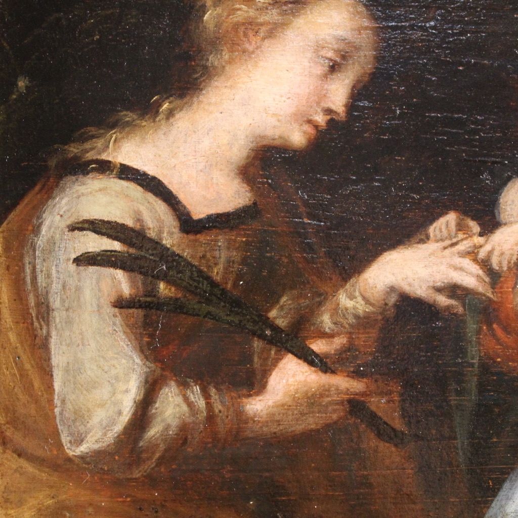 photo buy Antique 17th Century Painting On Panel, Mystical Marriage Of Saint Catherine Of Alexandria