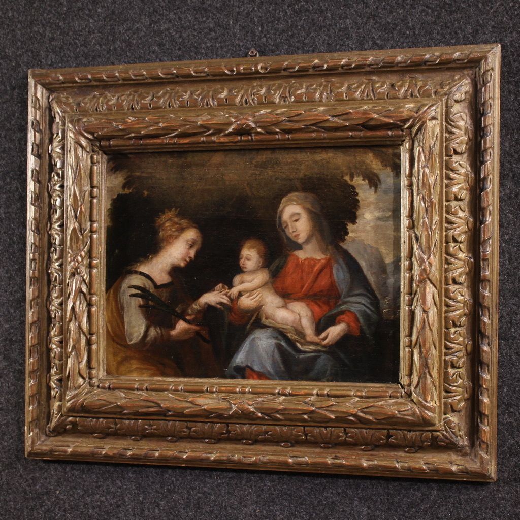 photo vintage Antique 17th Century Painting On Panel, Mystical Marriage Of Saint Catherine Of Alexandria