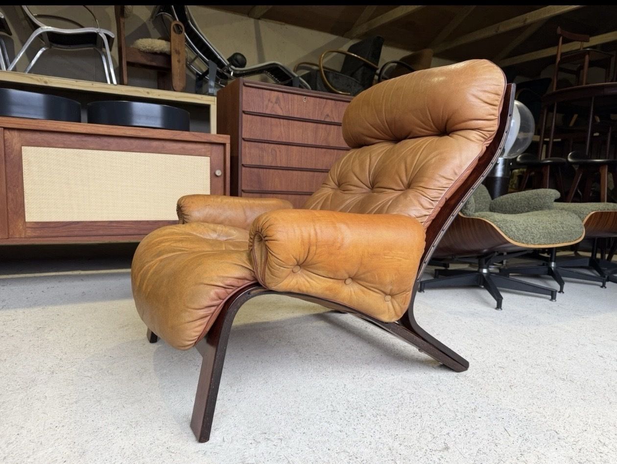 Mid Century Norwegian Tan Leather Lounge Chair By Oddvin Rykken photo vinterior