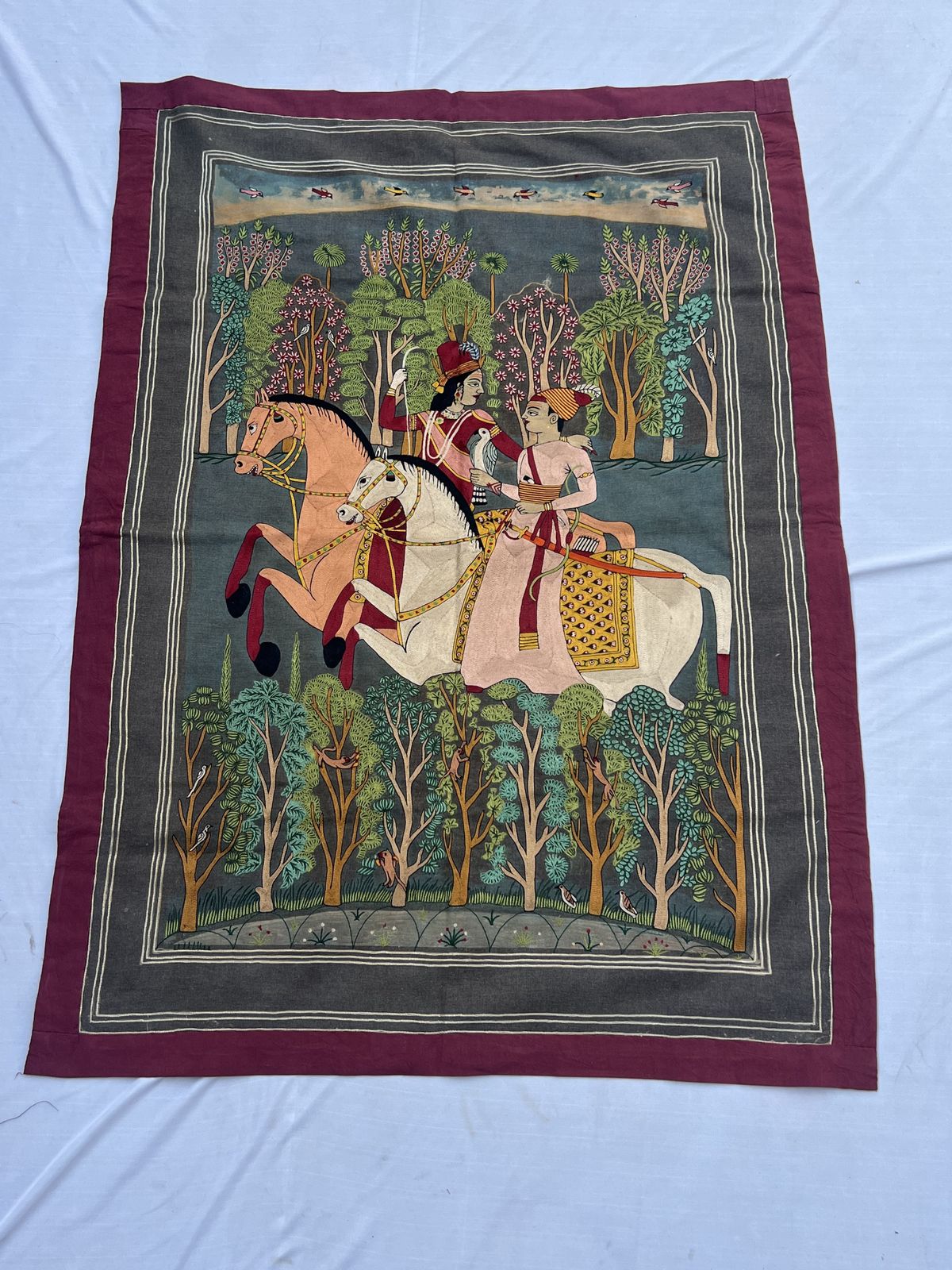Hand Embroidered Royal Horse Riders  Jhansi Vali Rani Tapestry | Rare Vintage Mughal Indian Textile| Eco Friendly Vegetable Dyes Circa 1980s photo furniture