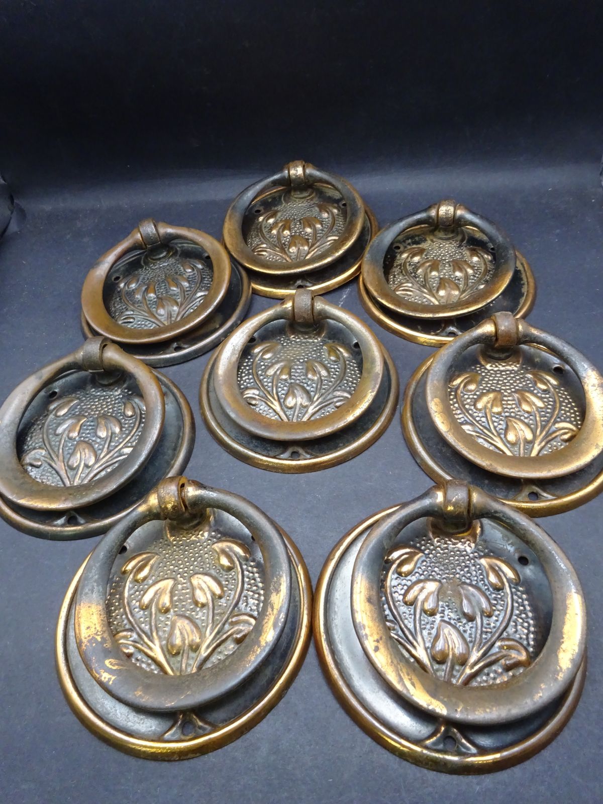 8 Reclaimed Coppered Steel Art Nouveau Furniture Drop Handles, Early 1900s