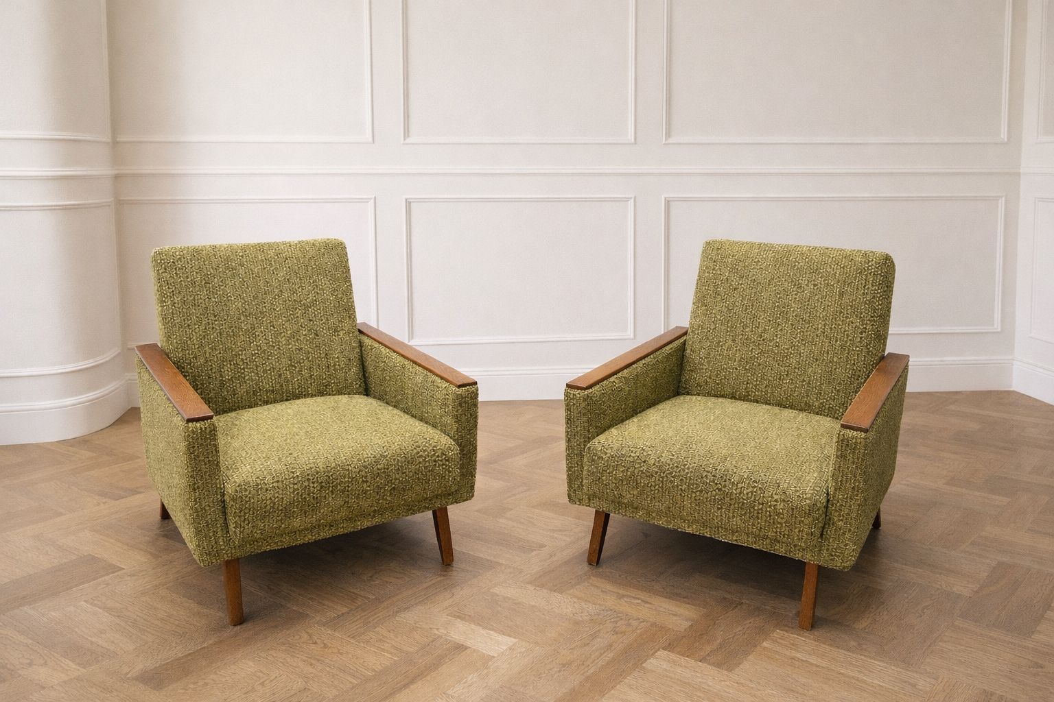 Pair Of 1960s Scandinavian Modern Lounge Armchairs In Moss Green Bouclé And Teak photo furniture