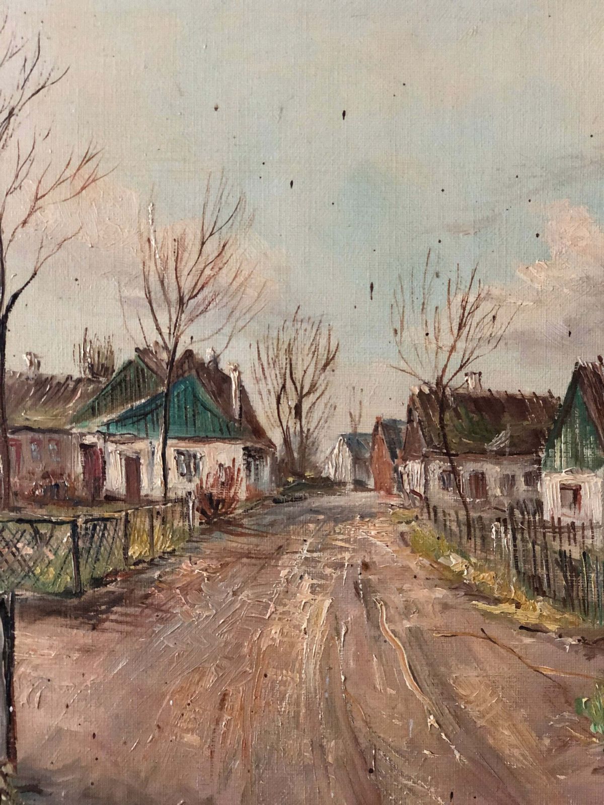 Vintage Large Original Oil Painting Of A European Village With Cottages, C. 1940 photo furniture