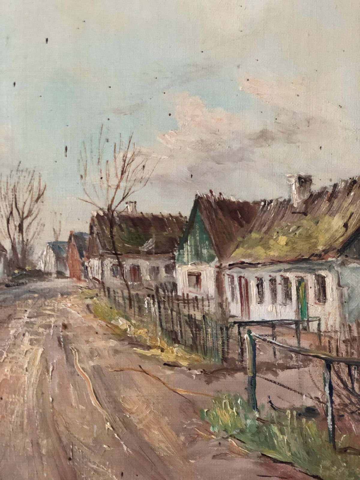 Vintage Large Original Oil Painting Of A European Village With Cottages, C. 1940 photo for sale