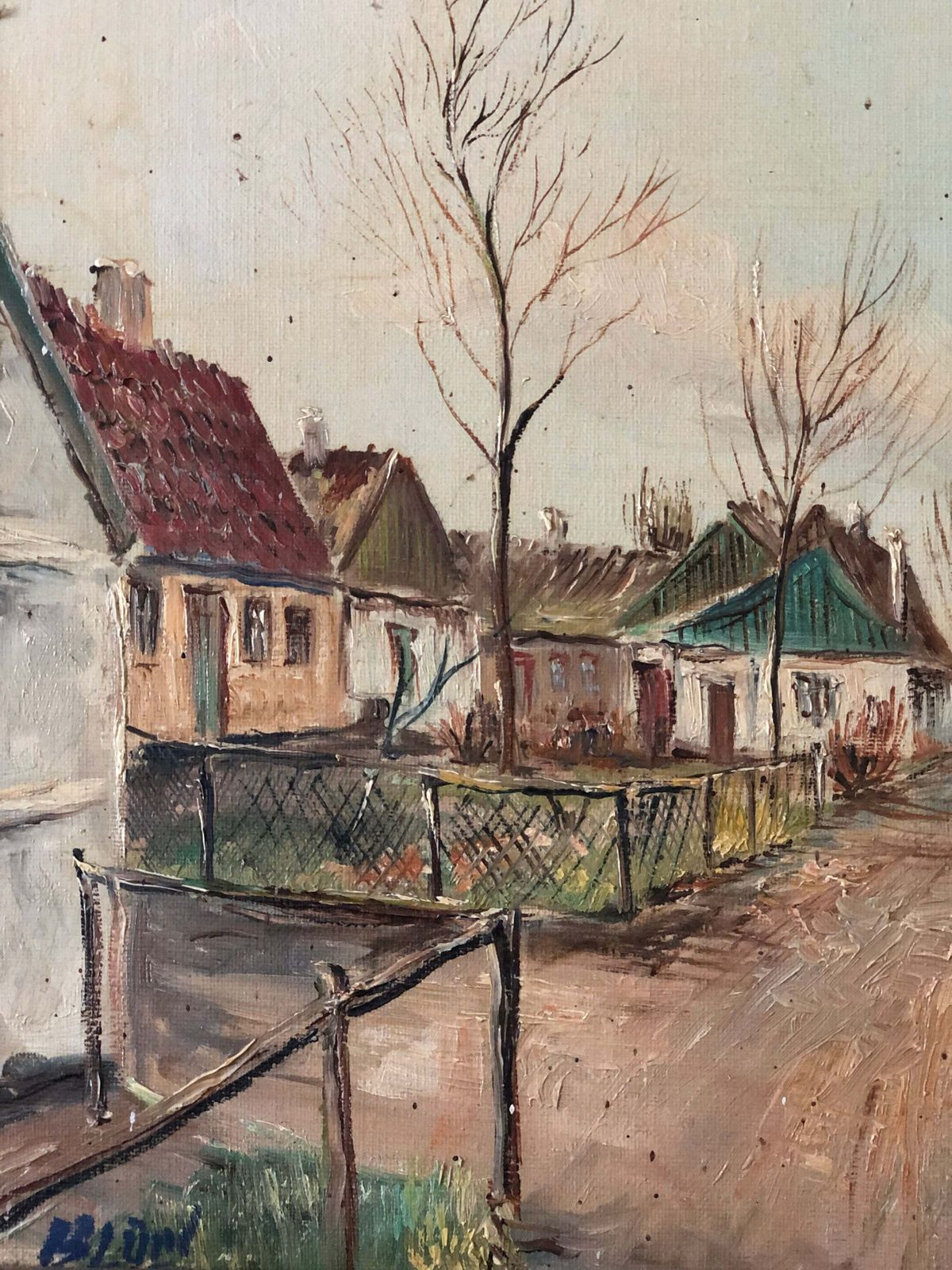 Vintage Large Original Oil Painting Of A European Village With Cottages, C. 1940 photo Art