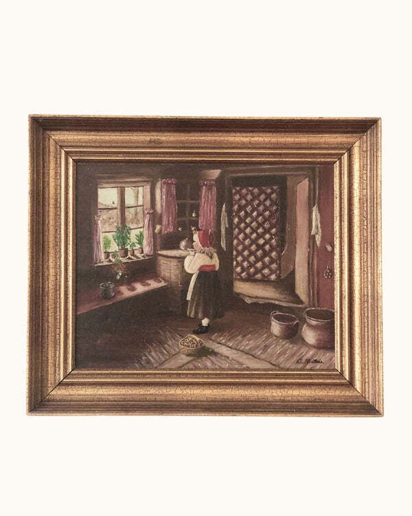 Vintage Olieverfschilderij Van Een Meisje In Een Boereninterieur, Ca. 1940