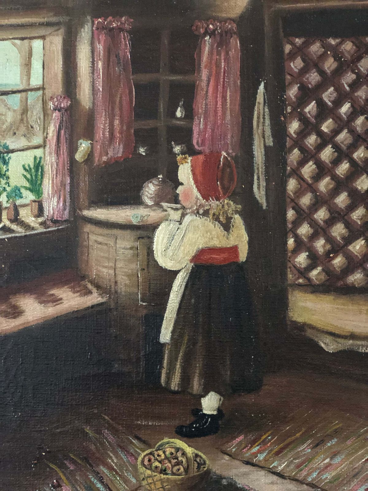 Vintage Olieverfschilderij Van Een Meisje In Een Boereninterieur, Ca. 1940 photo furniture