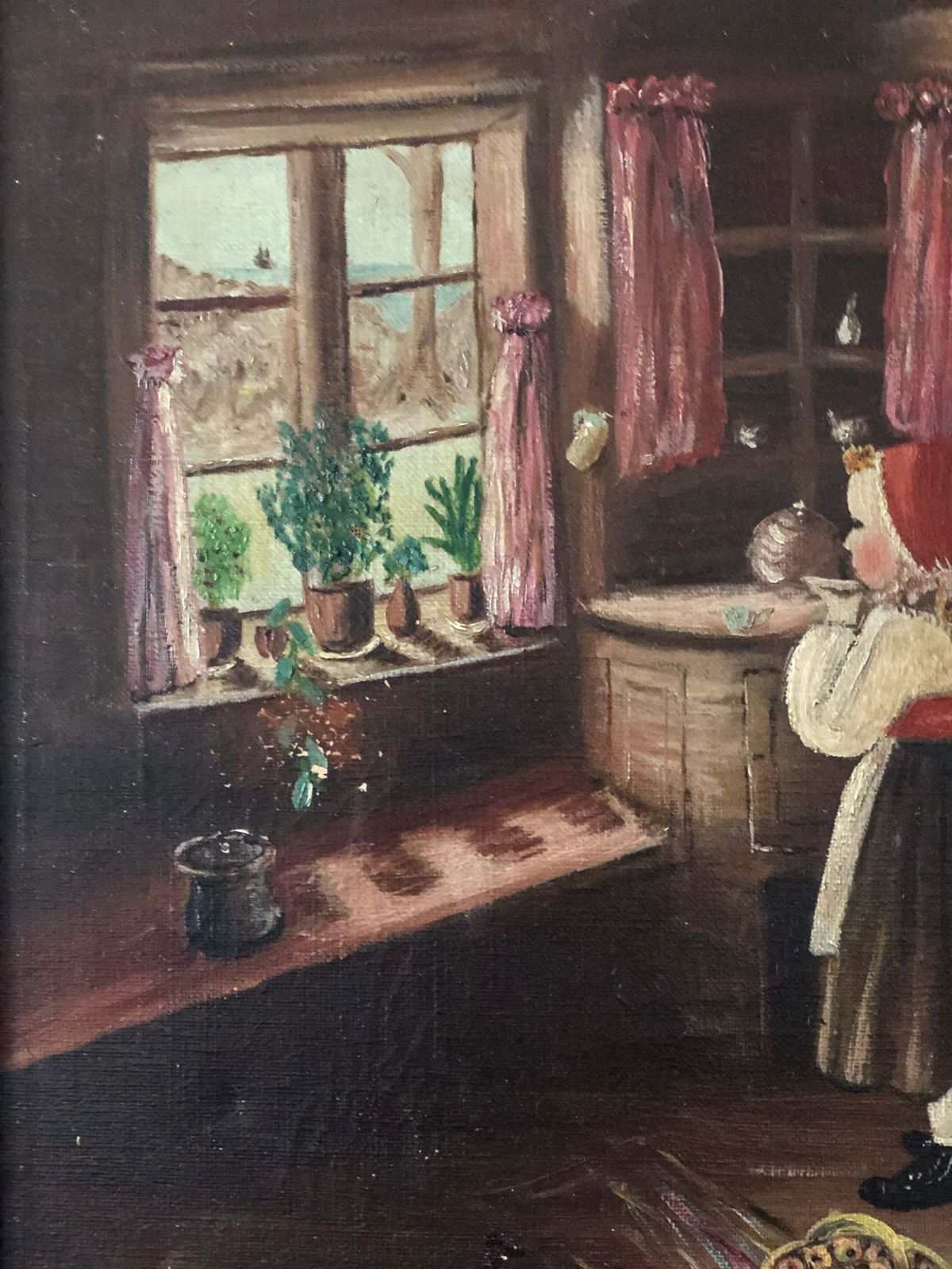 Vintage Olieverfschilderij Van Een Meisje In Een Boereninterieur, Ca. 1940 photo Kunst