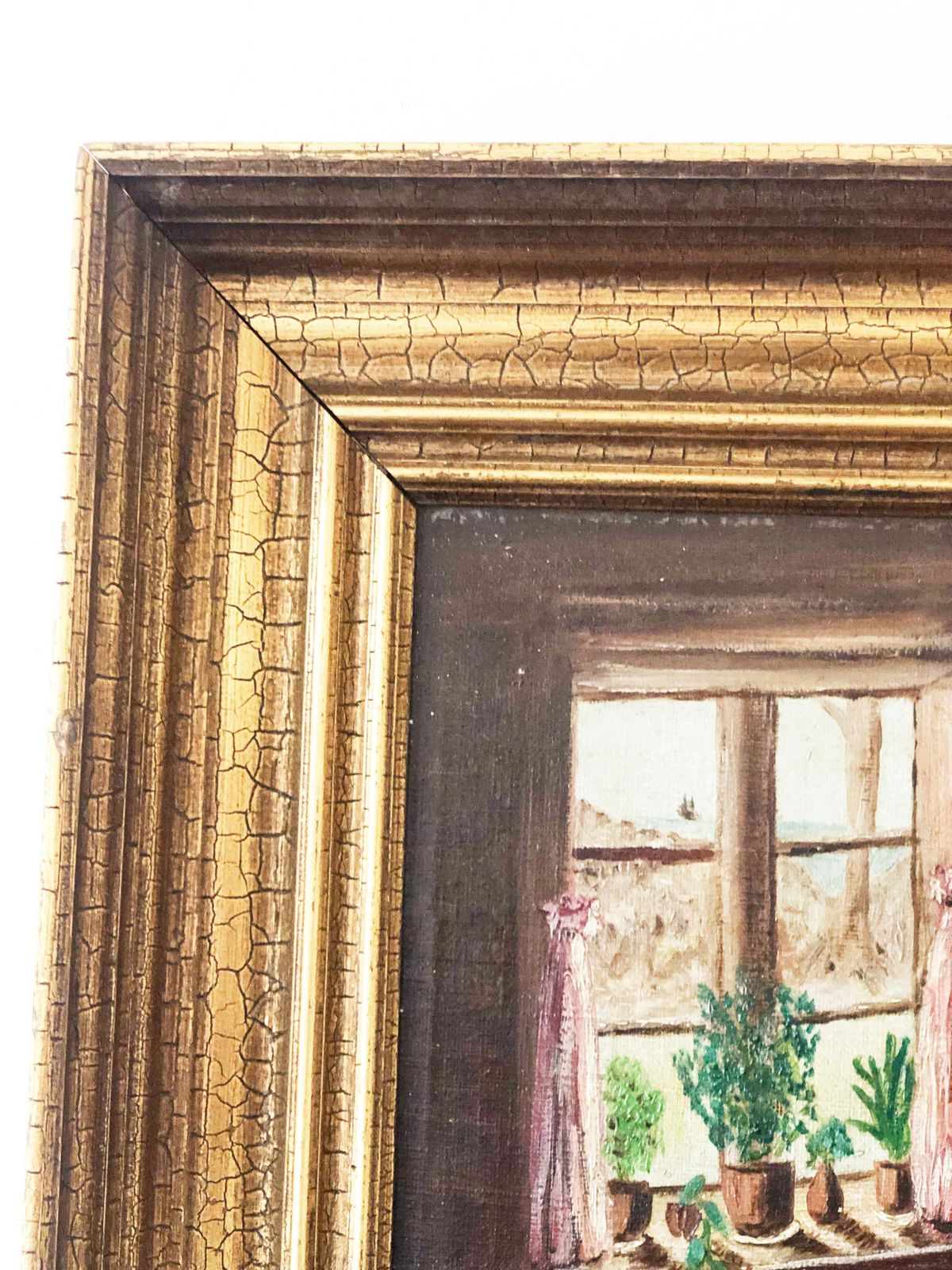 Vintage Olieverfschilderij Van Een Meisje In Een Boereninterieur, Ca. 1940 photo buy