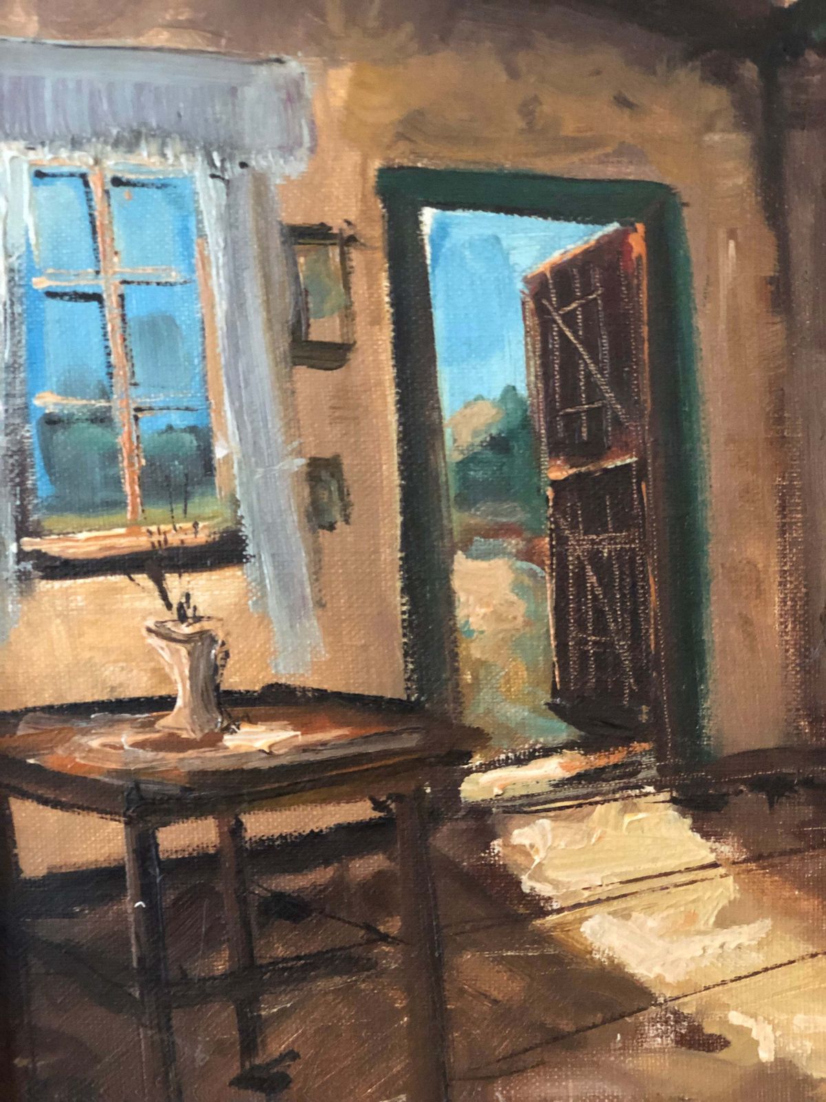 Vintage Olieverfschilderij Van Een Cottageinterieur, Ca. 1940 photo furniture