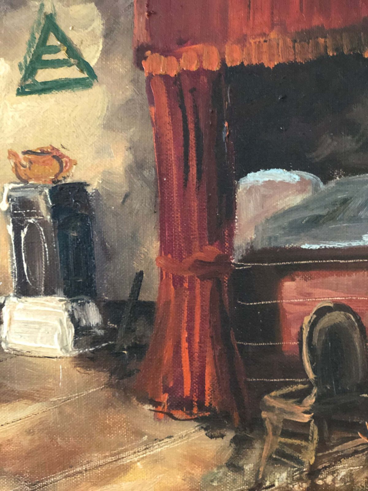 Vintage Olieverfschilderij Van Een Cottageinterieur, Ca. 1940 photo for sale