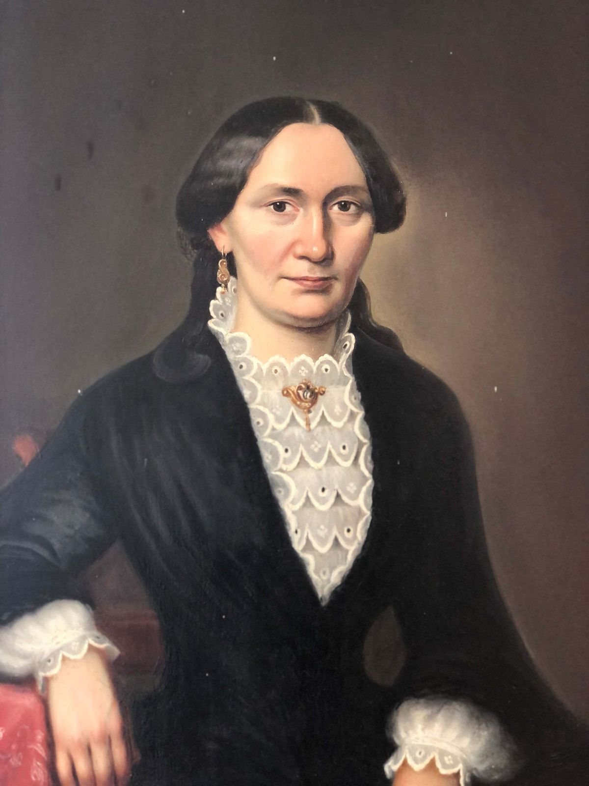Antique Oil Portrait Painting Of A German Lady, C. 1840 photo furniture