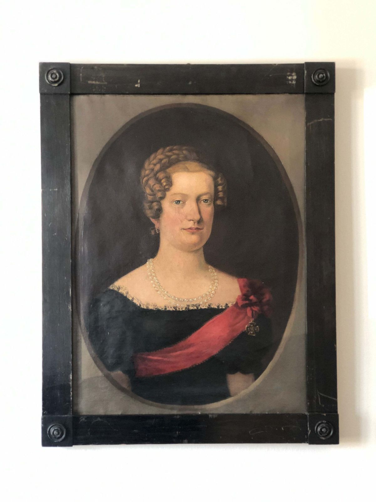 Antique Biedermeier Portrait Painting Of A German Baroness, C. 1870