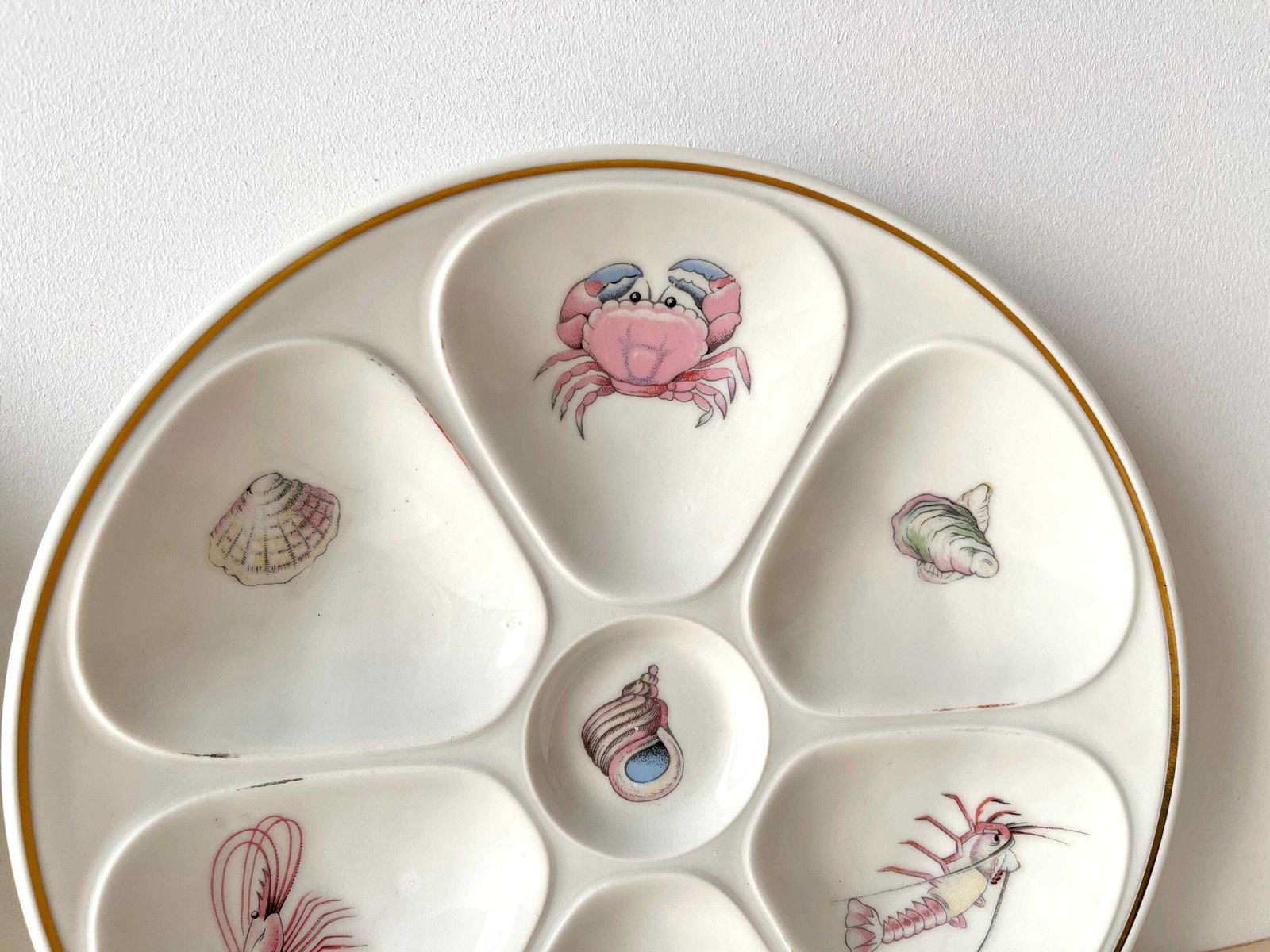 photo for sale Set Of 2 Porcelain Oyster Plates From Limoges By Louis Lourioux 60s, Vintage French Seafood Plates, Vintage French Tableware
