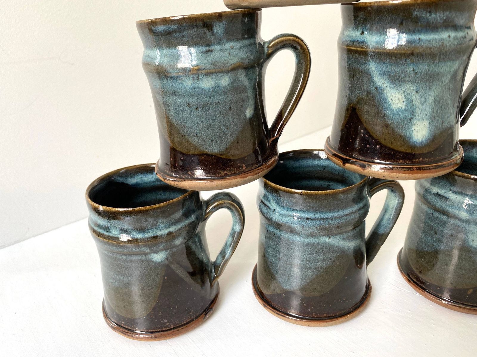 Set Of 6 Cups Signed In Enamel Stoneware 50s, Vintage Glazed Pottery, Coffee/ Tea Set photo for sale