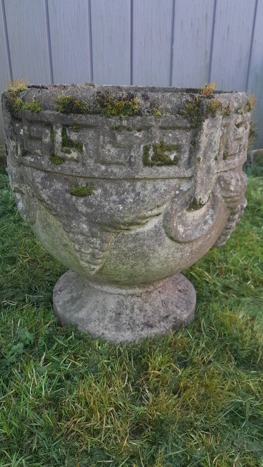20th Century Cast Stone Greek Key Urn Planter, Nicely Weathered photo for sale