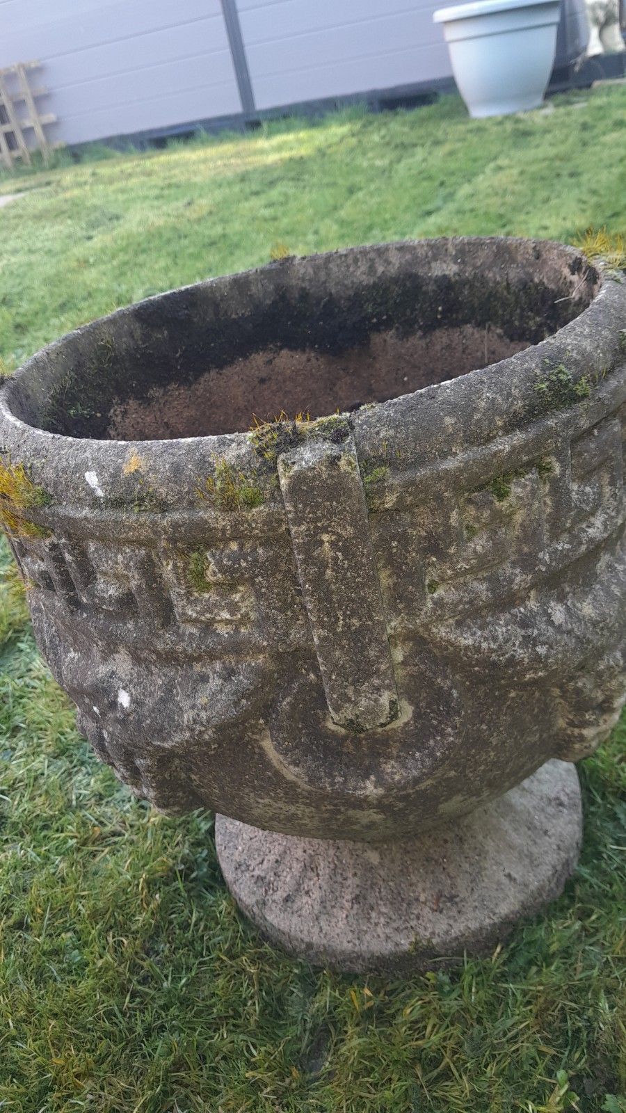20th Century Cast Stone Greek Key Urn Planter, Nicely Weathered photo 165.0