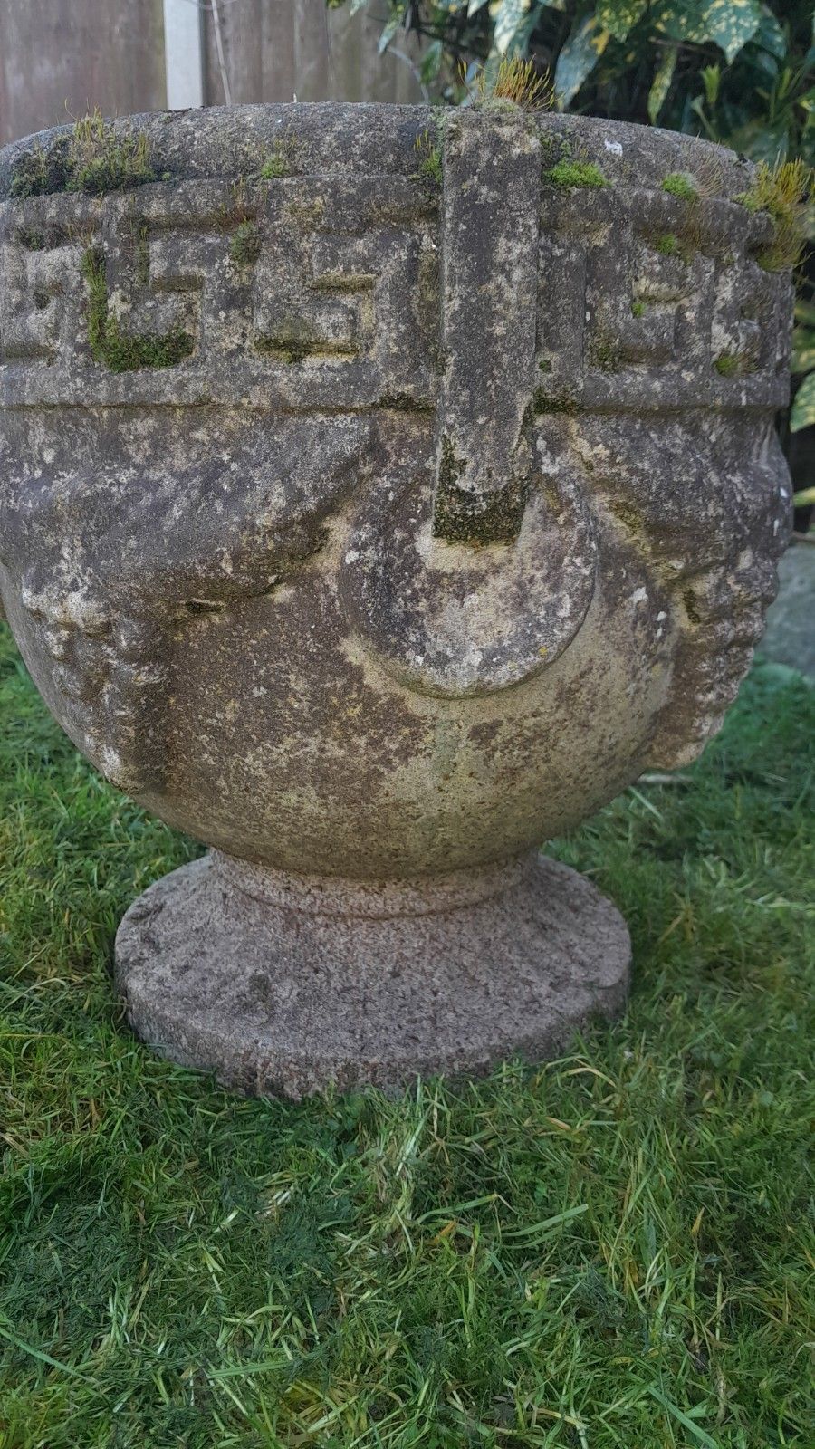 photo furniture 20th Century Cast Stone Greek Key Urn Planter, Nicely Weathered