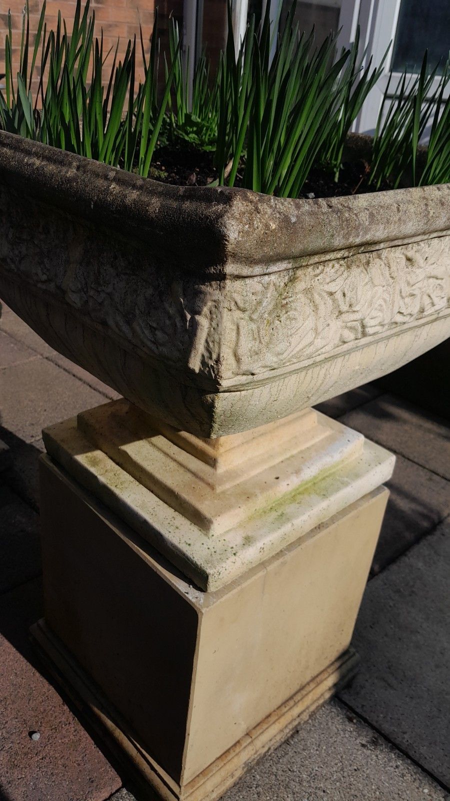 Vintage Large Weathered Cast Stone Planter On Base Gargen Feature Plant Pot photo vintage