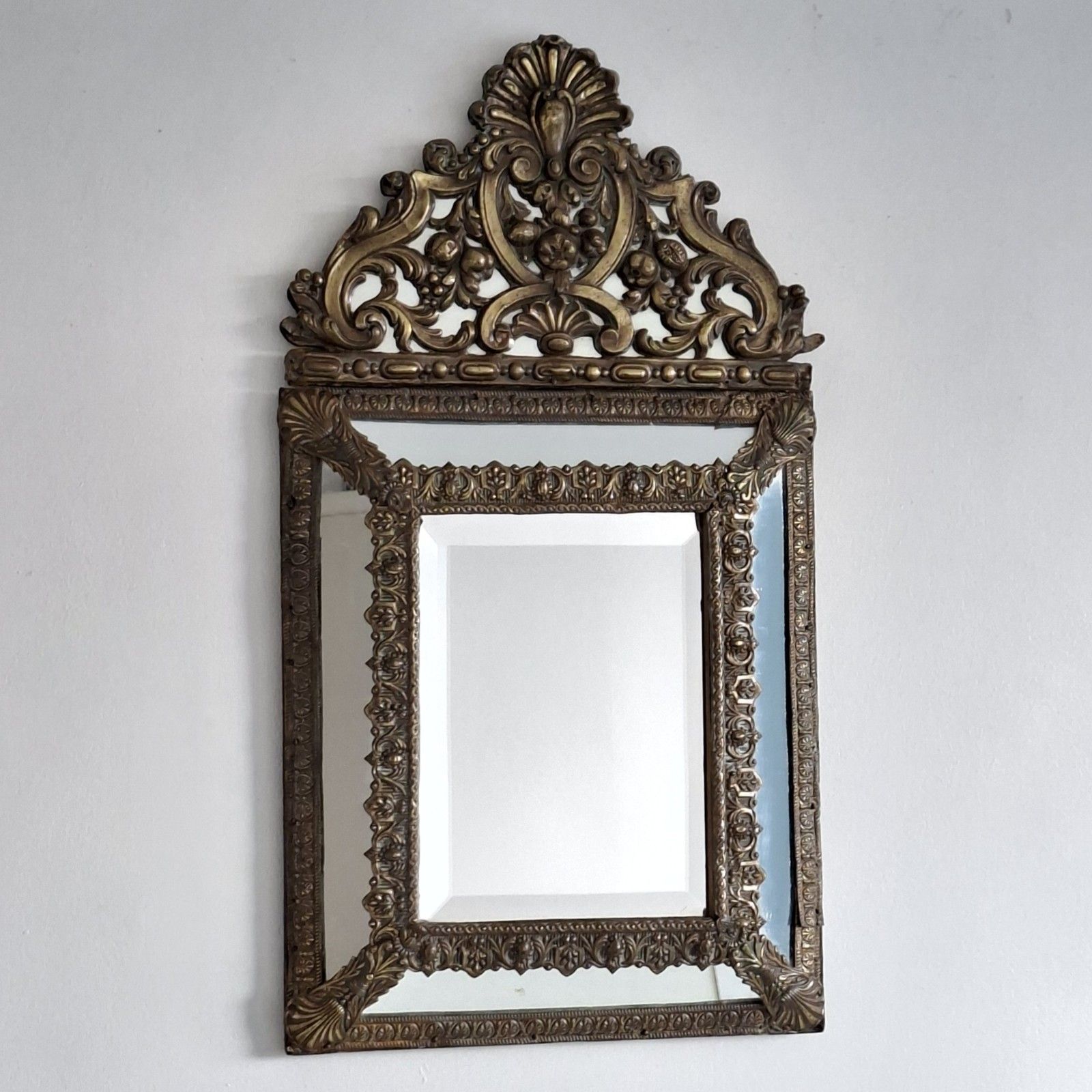 French Napoleon III Cushion Mirror Repousse Brass Antique 19th Century