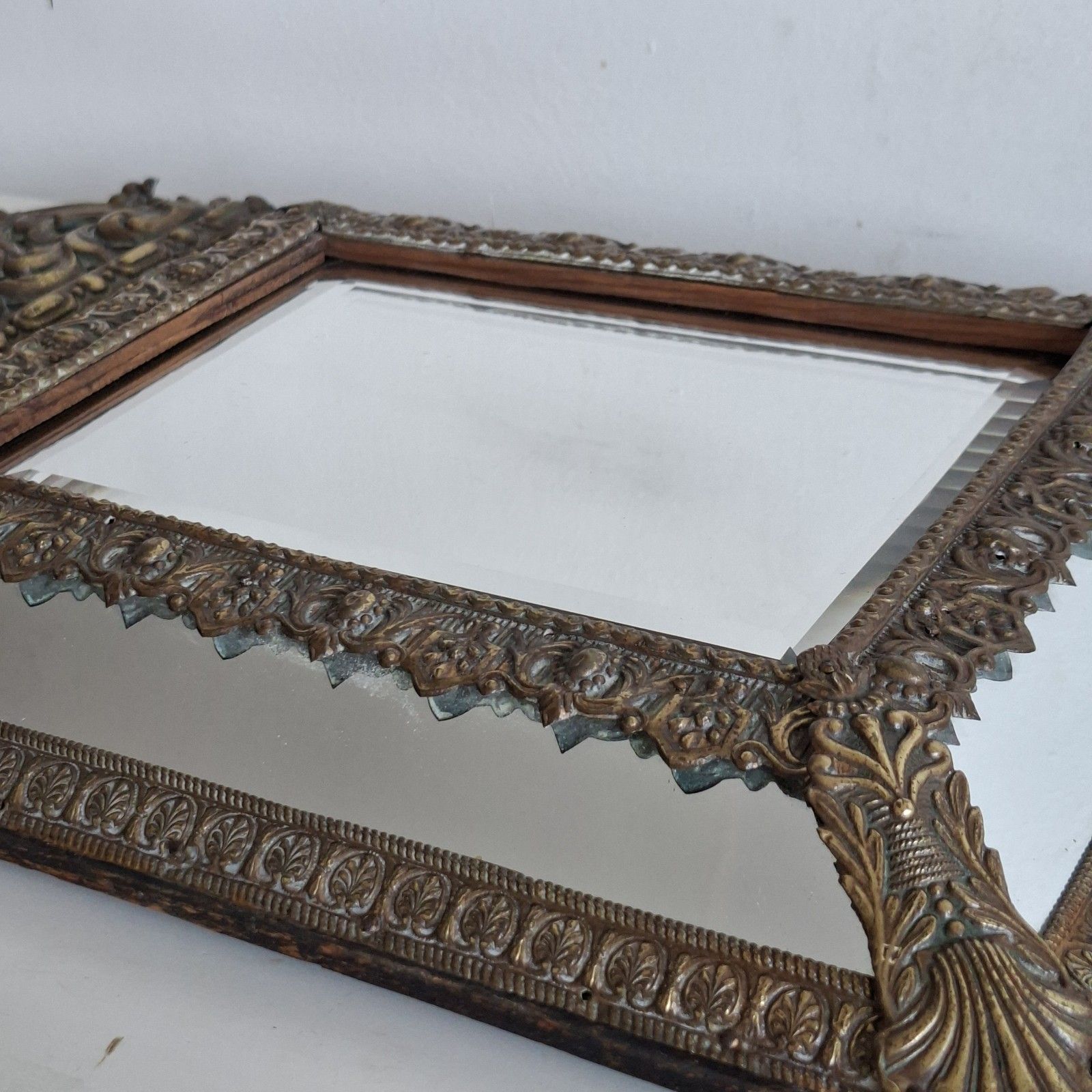 photo vinterior French Napoleon III Cushion Mirror Repousse Brass Antique 19th Century