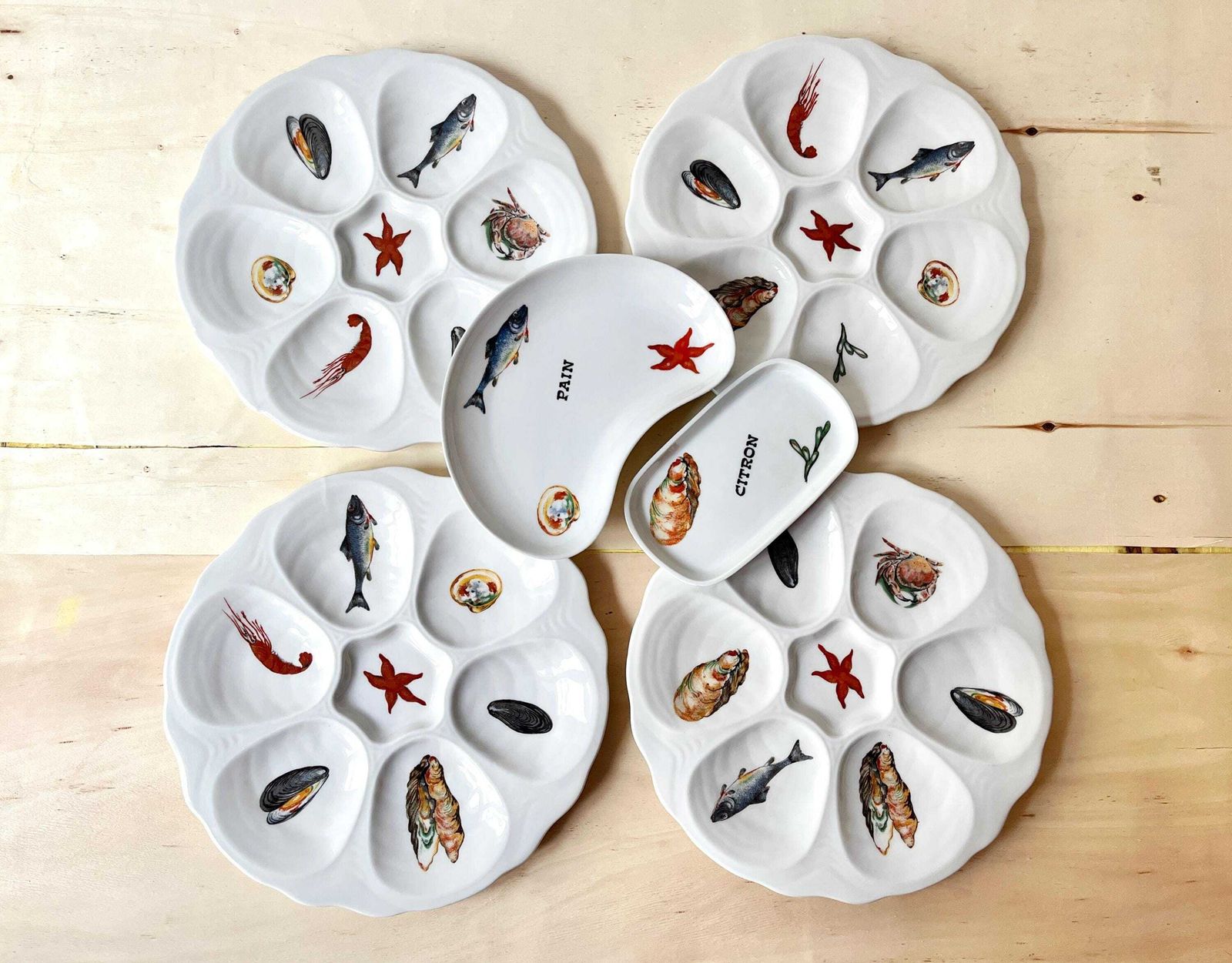 Set Of 4 Oyster Plates + 2 Dishes Made In France From 70s, Vintage Porcelain Seafood Dishes photo furniture