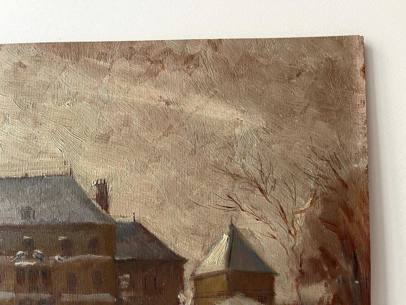 photo furniture Original 1937's Snowy Rural Landscape "French Castle Under The Snow", Antique French Winter Painting