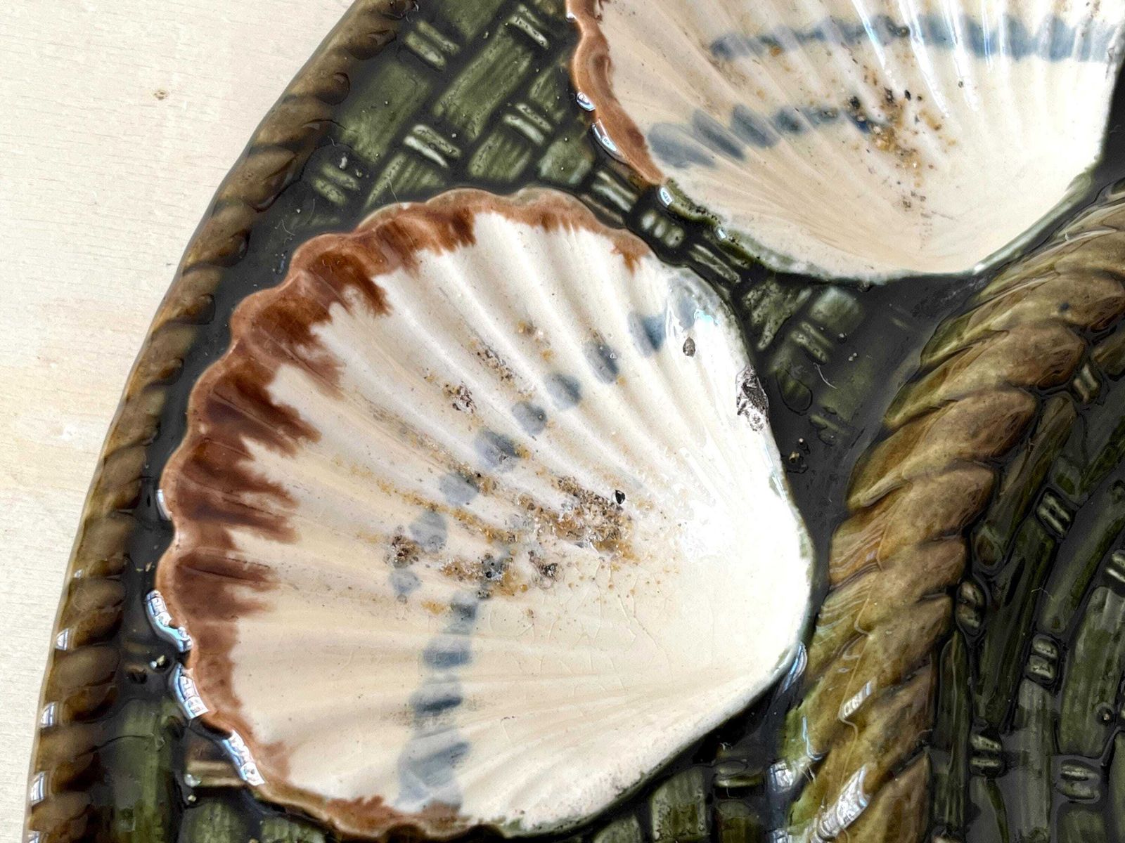 Large Antique Majolica Oyster Dish Signed Longchamp France, 19th Century Ironstone Seafood Platter photo vintage