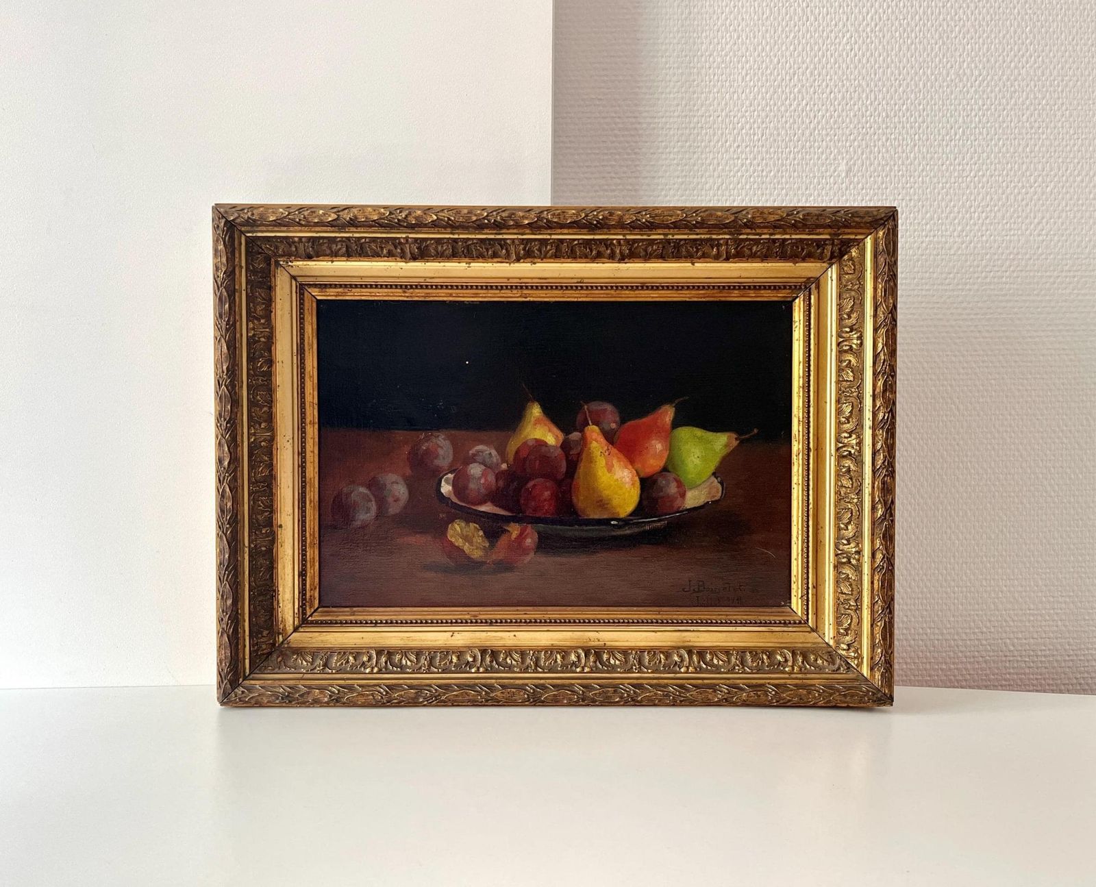 Original 1911s Still Life "Pears And Plums" Oil On Canvas, Antique Fruits Oil Painting, Gilded Framed French Still Life Signed J.Boisselet