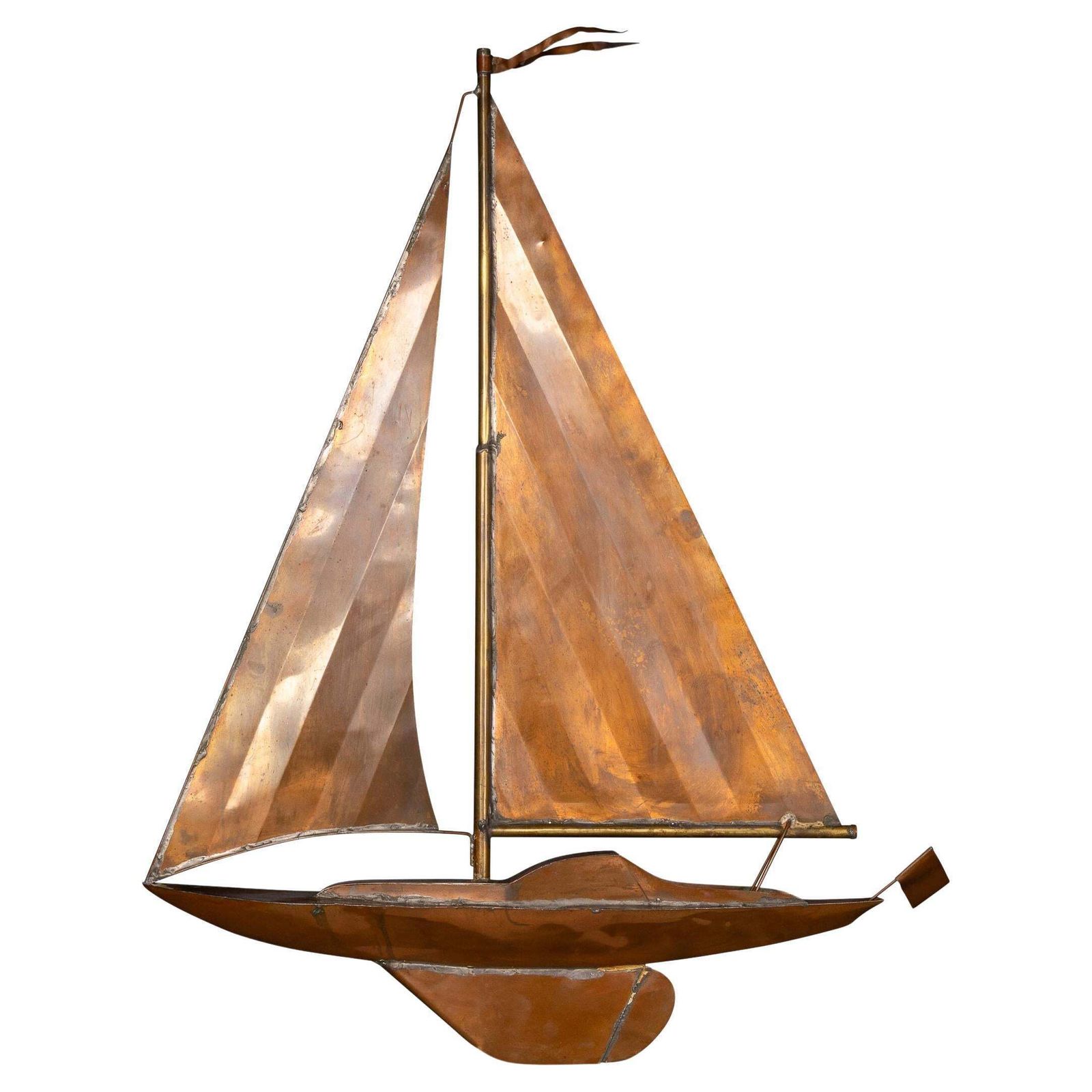 Vintage 20th Century Wall Hanging Copper Sculpture Of A Racing Yacht C.1960