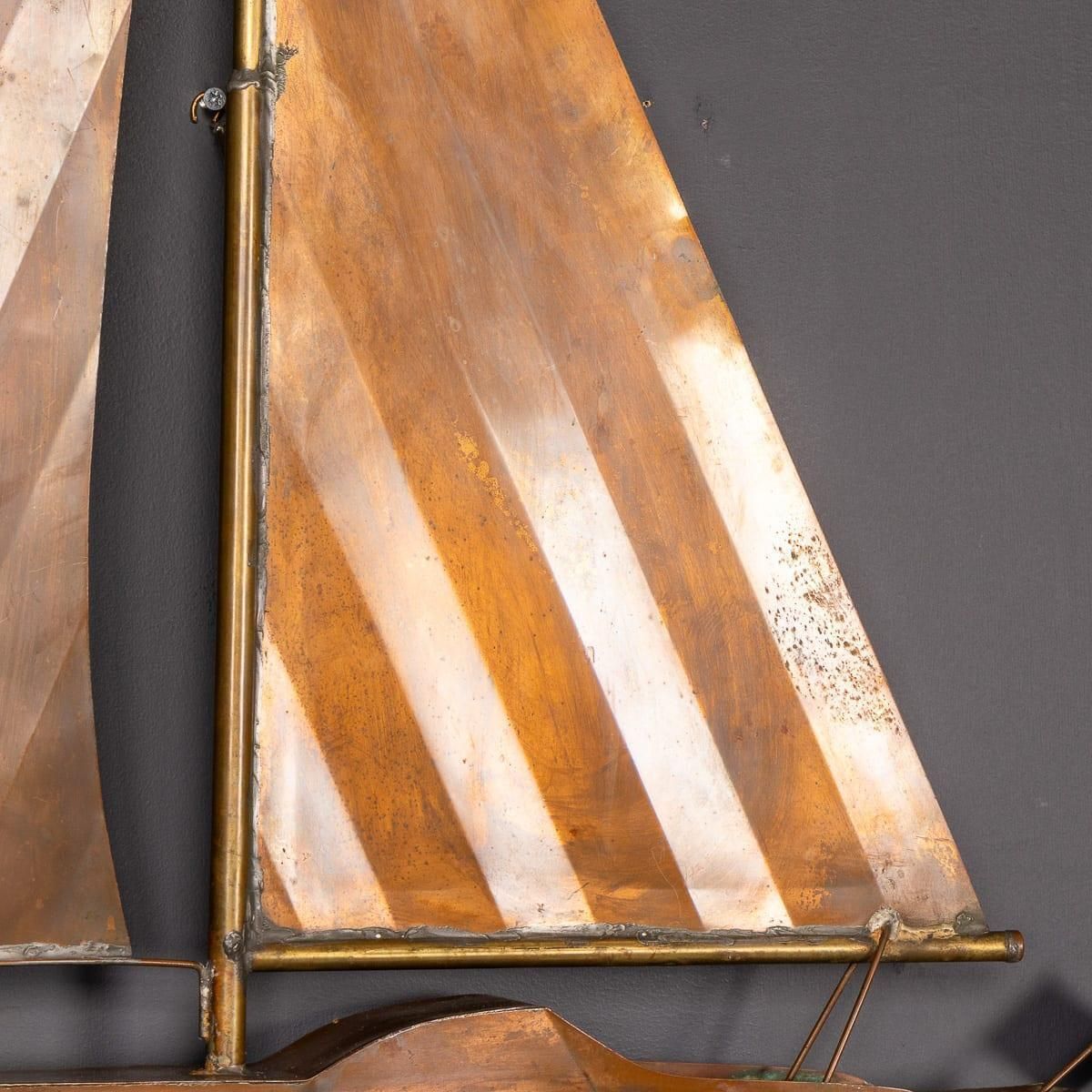Vintage 20th Century Wall Hanging Copper Sculpture Of A Racing Yacht C.1960 photo vinterior
