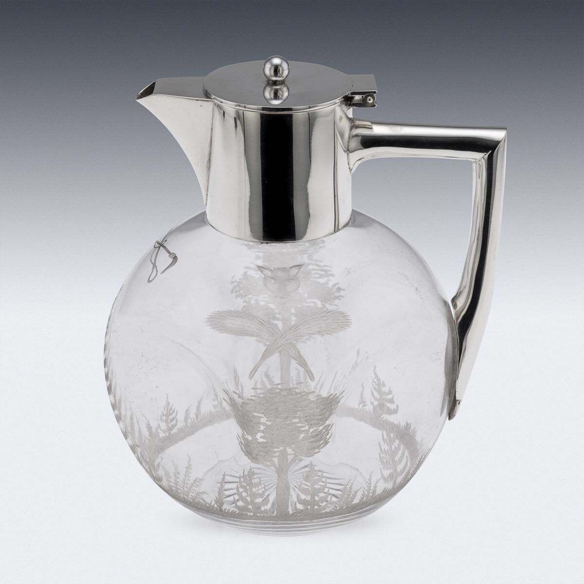 Antique 19thc English Solid Silver & Etched Glass Claret Jug, Birmingham C.1897 photo for sale