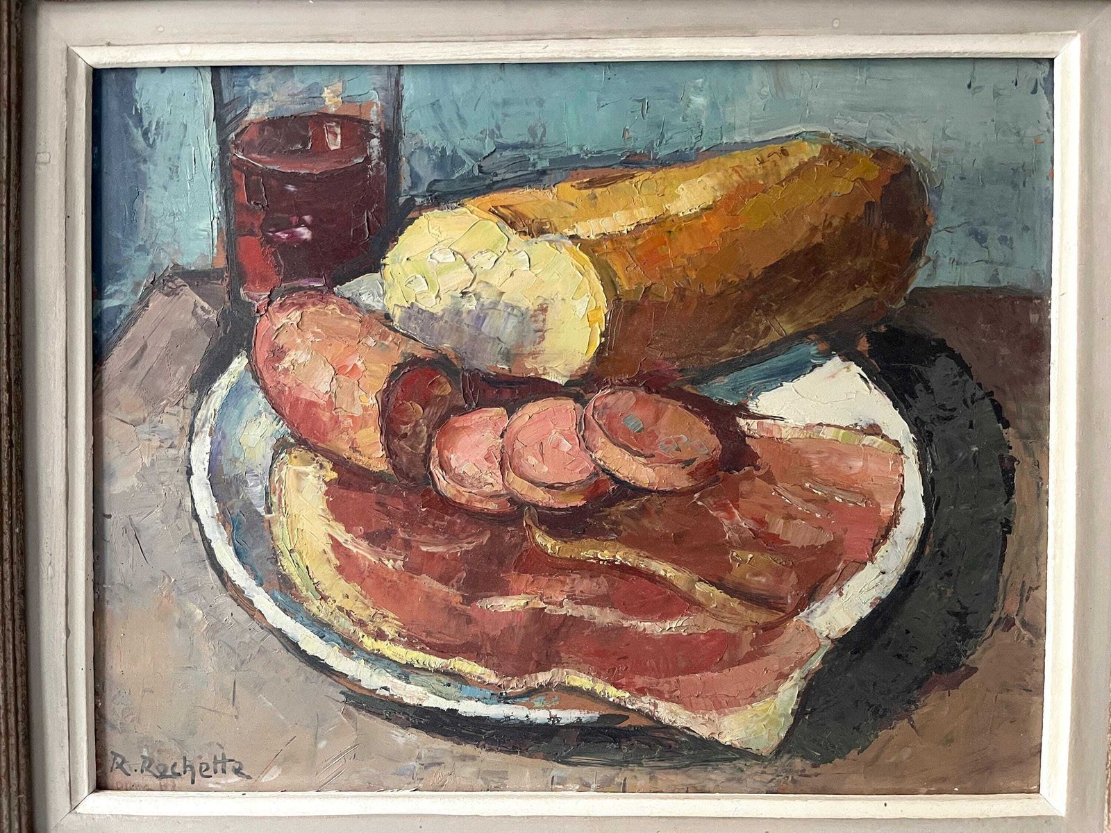 Original Vintage Still Life "The French Meal" 1940s, Midcentury Framed And Signed Painting, Kitchen Decor photo Art