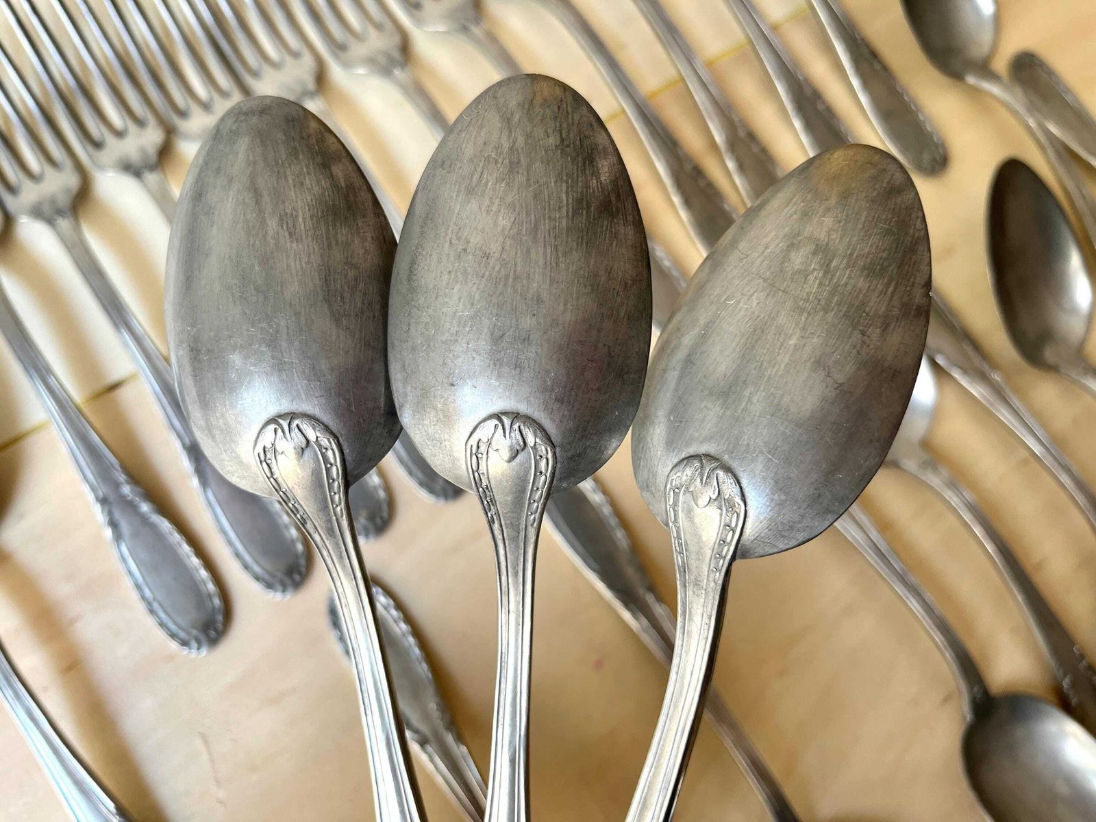 French Antique 23 Pieces Cutlery Set In Silver Metal 1940s, Antique Forks And Soup Spoons Tableware photo buy