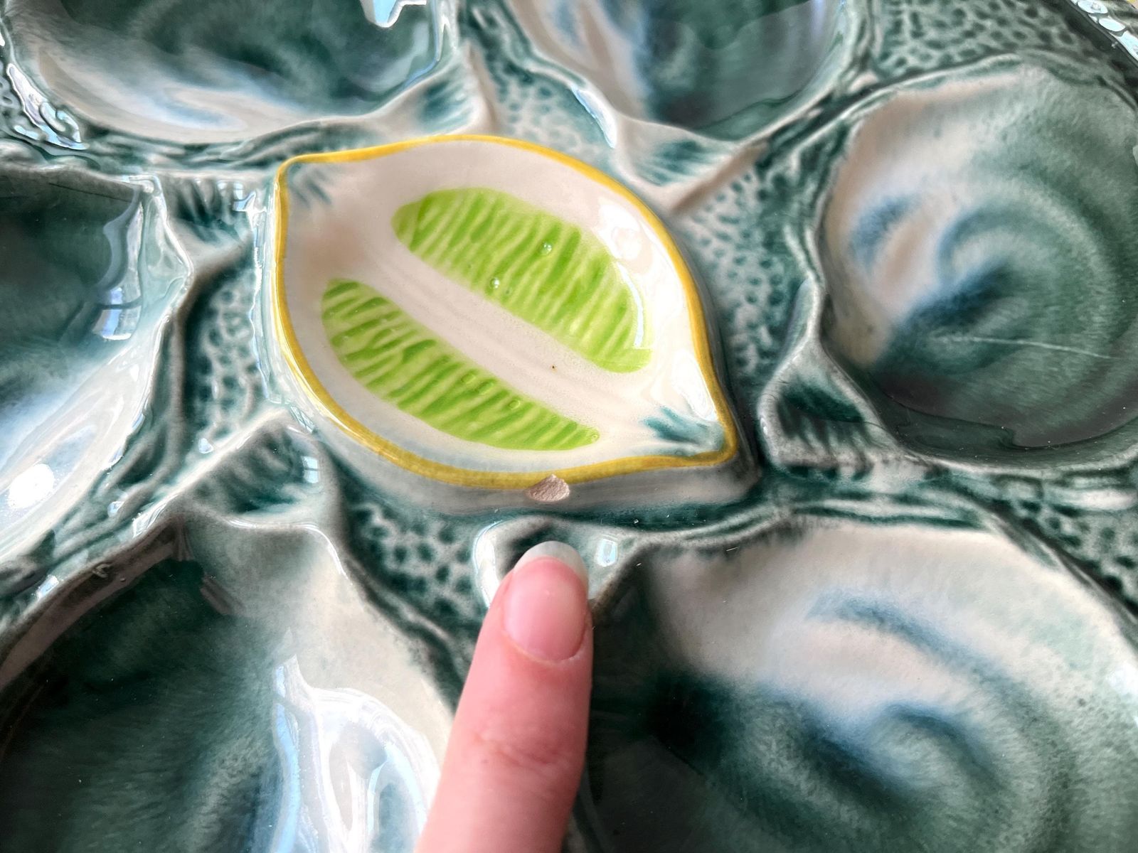 Set Of 5 Oyster Plates Signed St Clement France, 60s French Ceramic, Vintage Majolica Seafood Dishes photo buy
