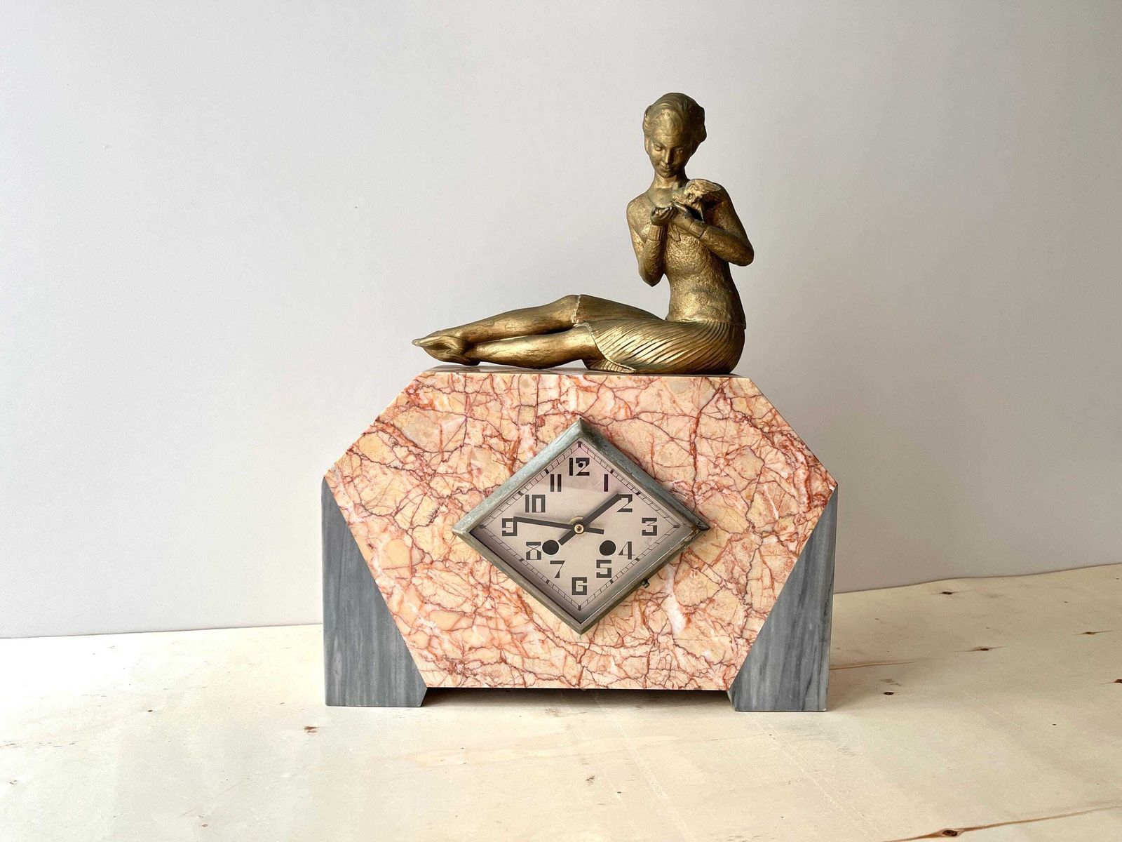 Antique Art Deco French Fireplace Clock 1930s, Marbre And Spelter Clock "The Woman And The Dove" photo furniture