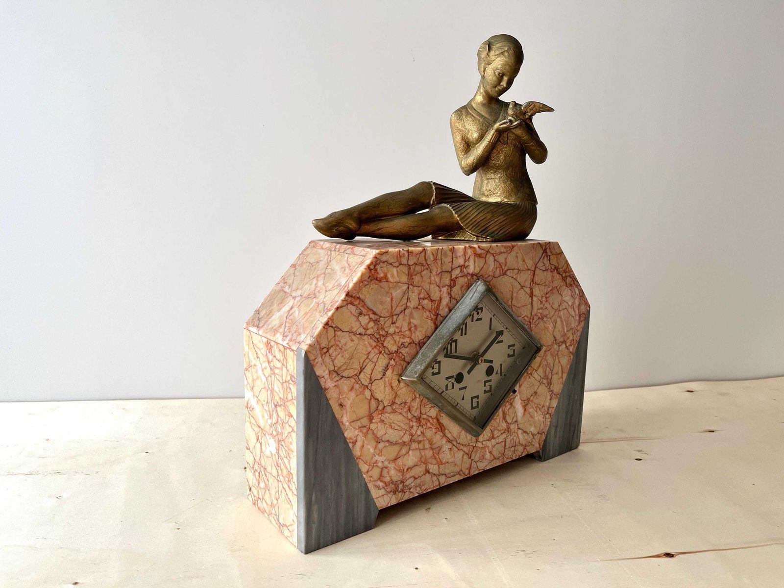 Antique Art Deco French Fireplace Clock 1930s, Marbre And Spelter Clock "The Woman And The Dove" photo for sale