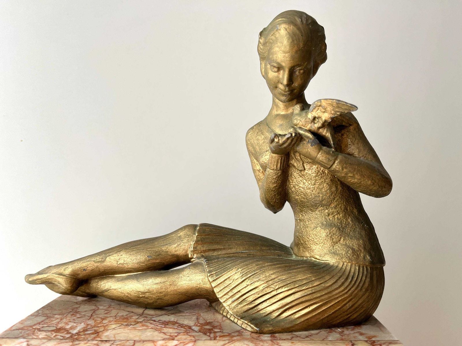 Antique Art Deco French Fireplace Clock 1930s, Marbre And Spelter Clock "The Woman And The Dove" photo Home Decor