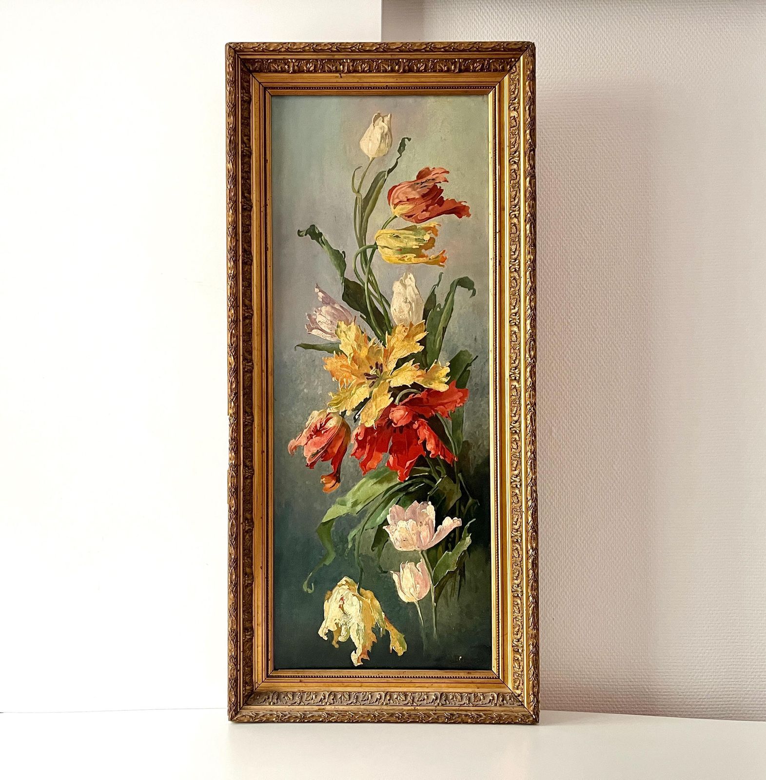 Original 1920s Large Flowers Bouquet In Oil On Canvas, 44 X 20 French Gilded Frame Antique Still Life Painting