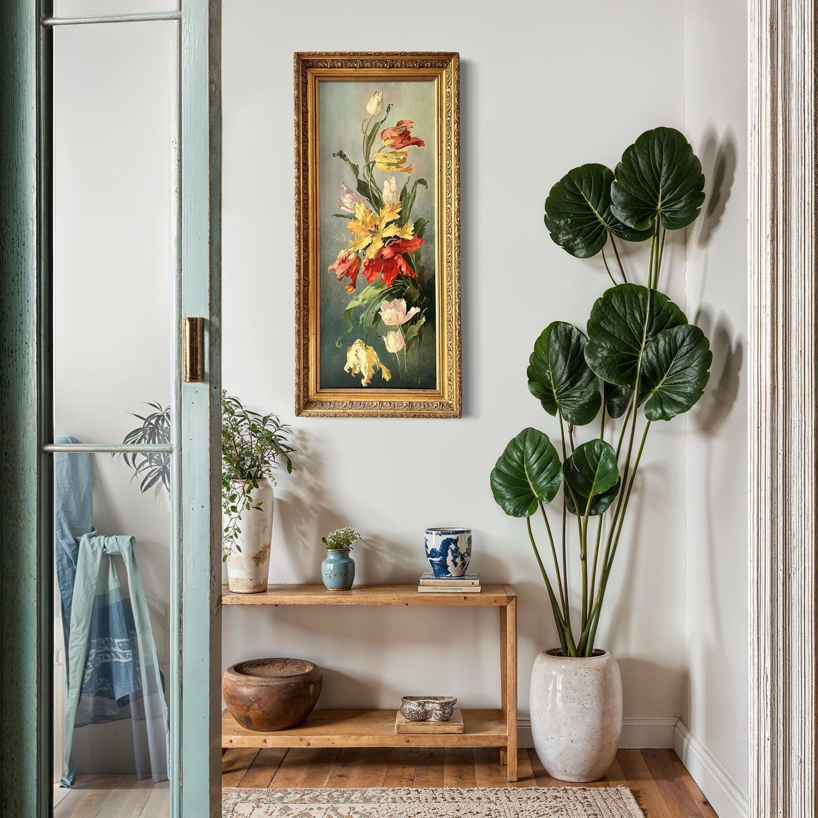 Original 1920s Large Flowers Bouquet In Oil On Canvas, 44 X 20 French Gilded Frame Antique Still Life Painting photo Art