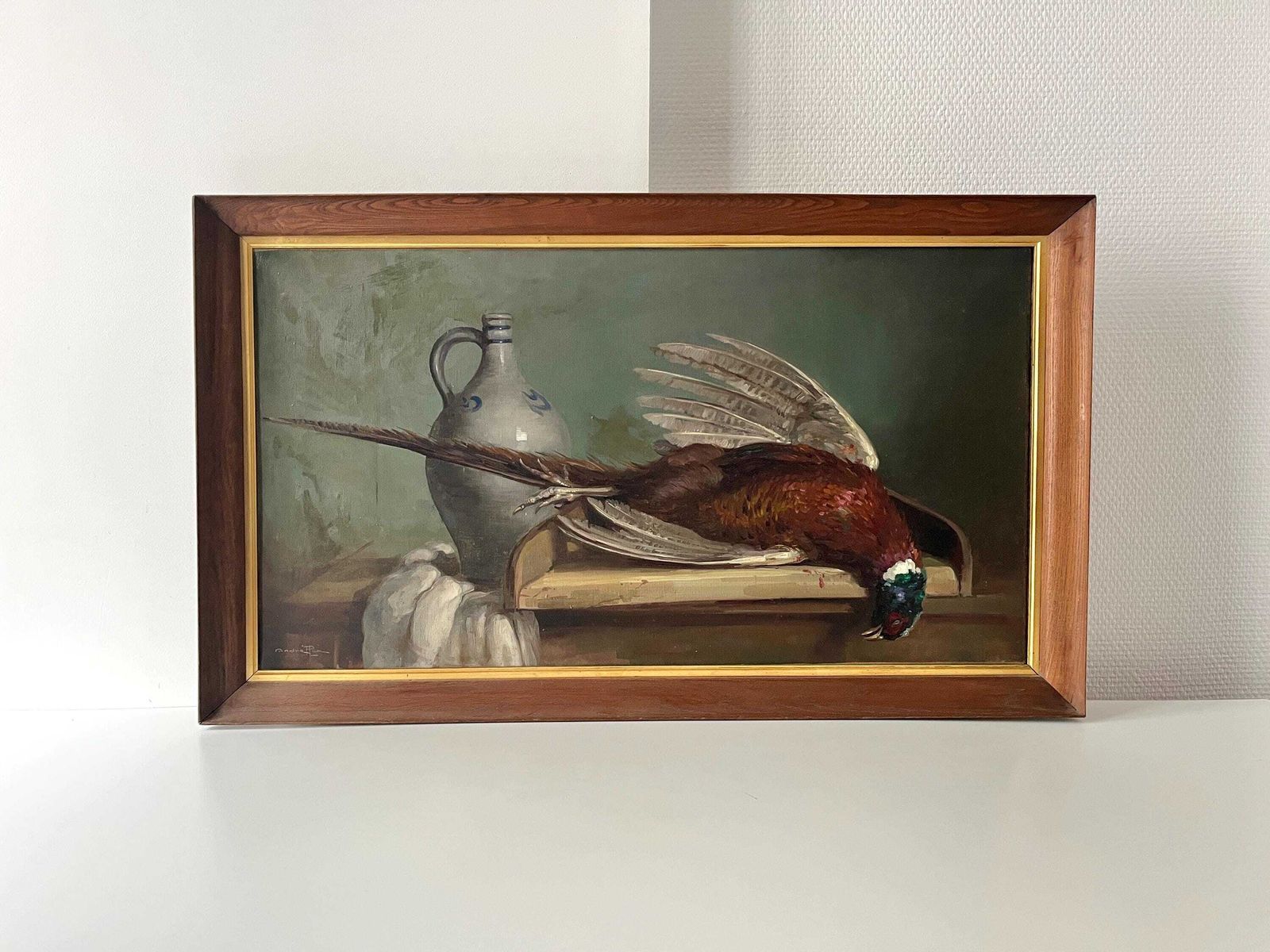 French Antique Still Life Oil On Canvas "The Trophy Hunting", Original 1920s Pheasant Painting