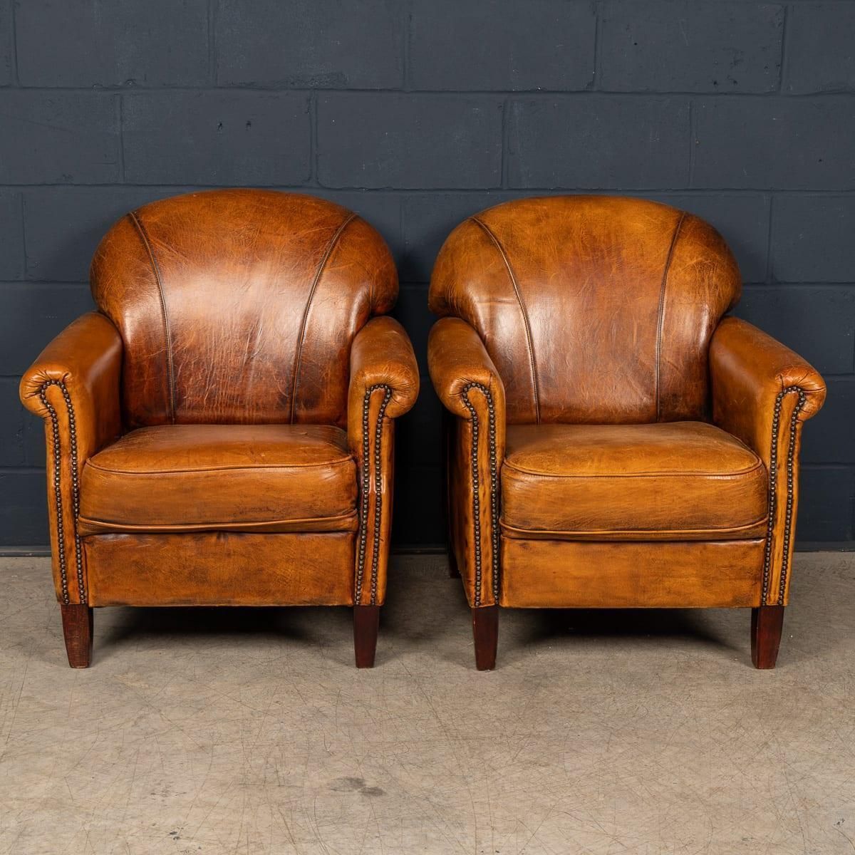 Vintage 20th Century Pair Of Dutch Leather Club Chairs C.1980 photo for sale