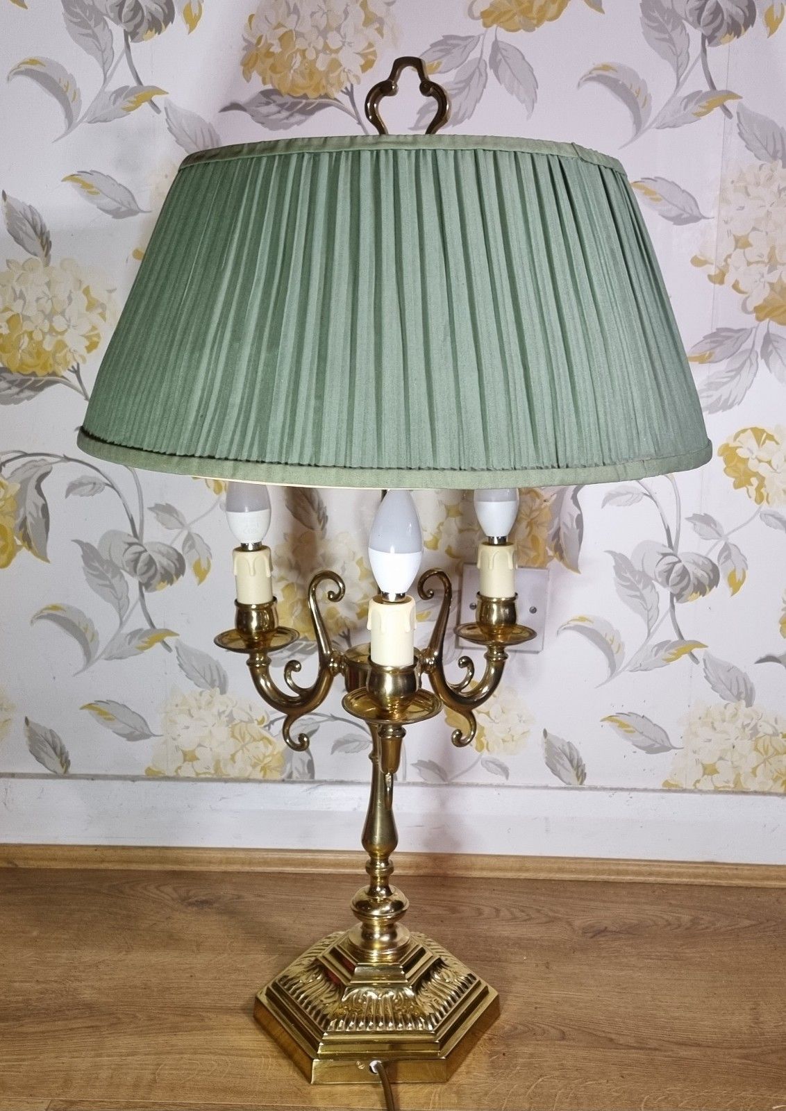 Large French Bouilotte Style Brass Table Lamp 3 Arm Candelabra Pleated Shade 29" photo for sale