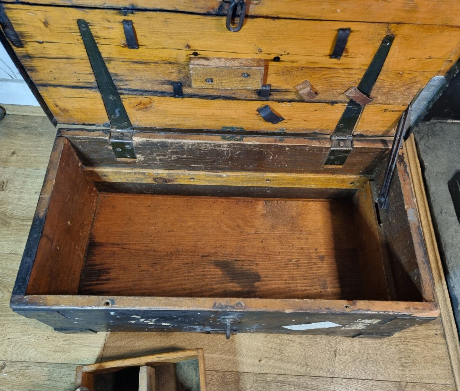 Furniture Vintage Rustic Industrial Wooden Railway Trunk Chest Storage Tool Box Early 20th photo