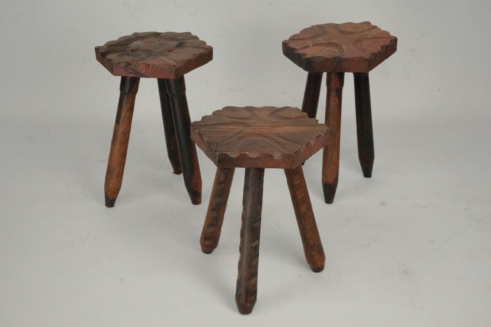 Set Of Three Vintage Italian Brutalist Wooden Stools, 1960s