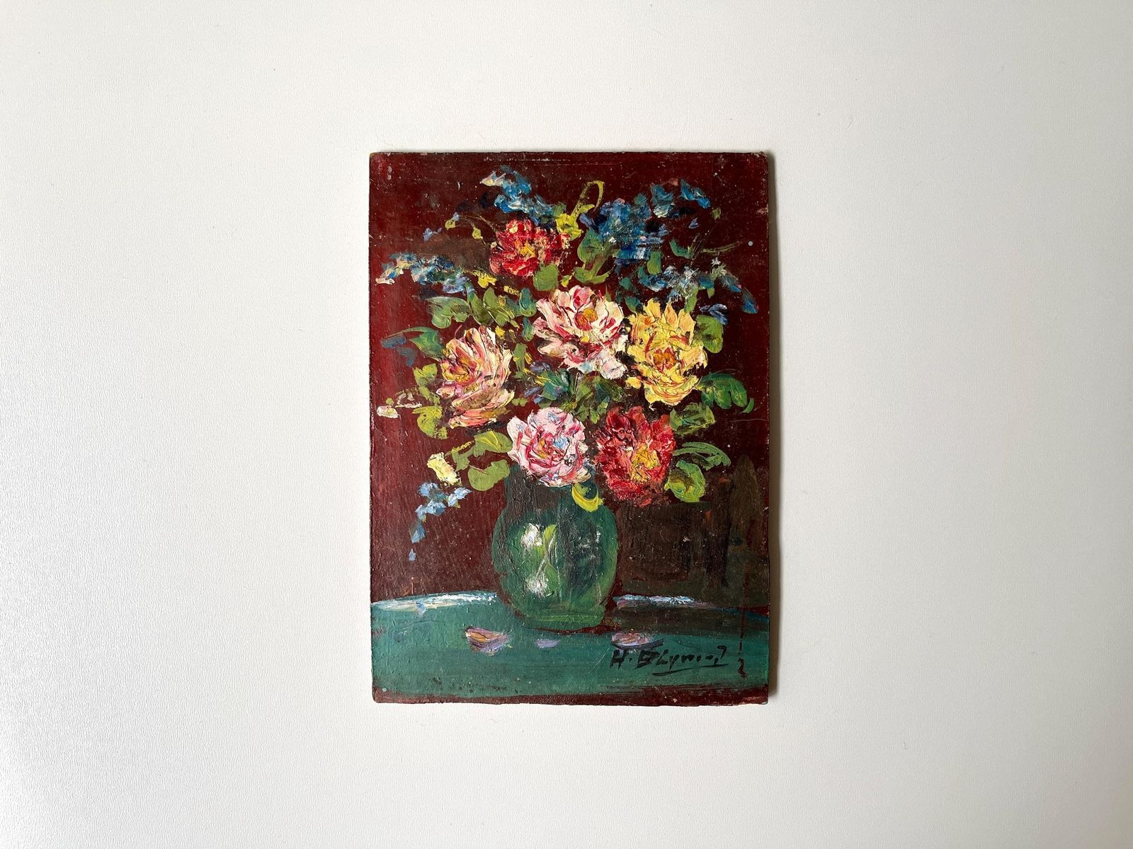 Original 1940s Bouquet Of Flowers Oil On Panel, French Vintage Still Life Oil Painting