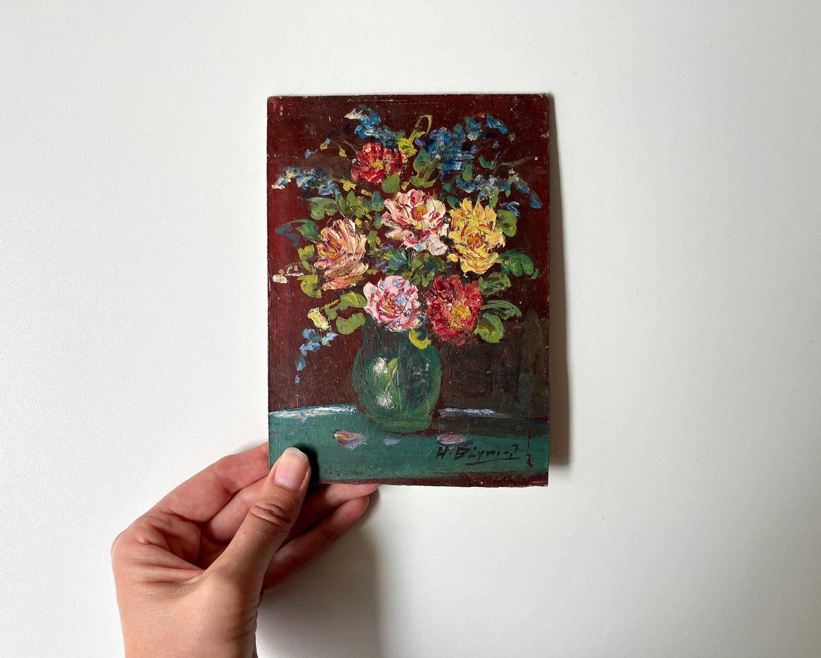 Original 1940s Bouquet Of Flowers Oil On Panel, French Vintage Still Life Oil Painting photo furniture