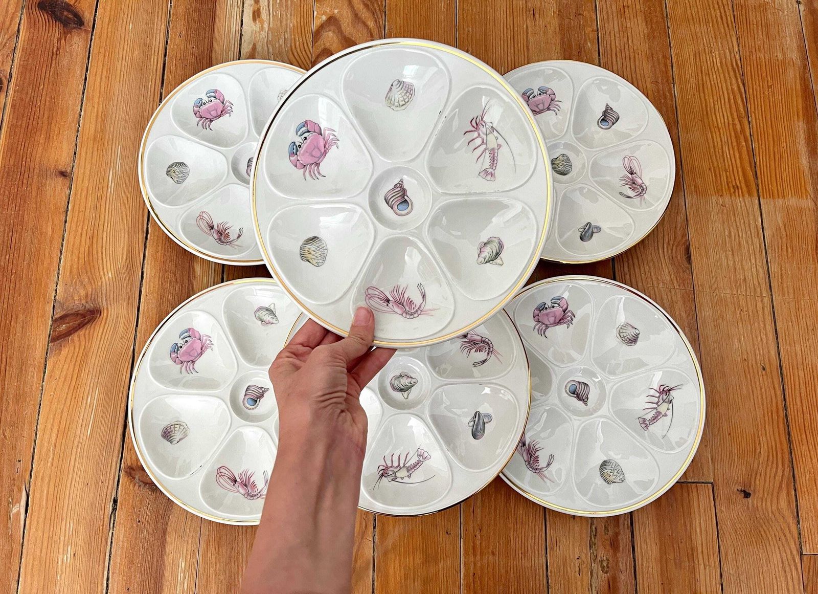 Set Of 6 Porcelain Oyster Plates From Limoges By Louis Lourioux 60s, Vintage Fine Bone Seafood Plates, Vintage French Tableware