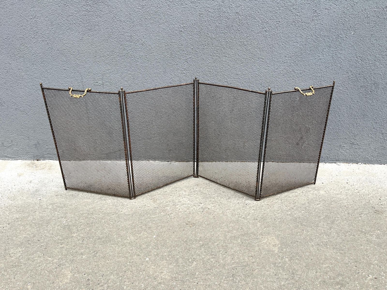 French 19th Copper Fire Screen 53 X 20 Inches, Napoleon 3rd Fireplace Protector, 4 Flap Antique Chimney Screen photo furniture